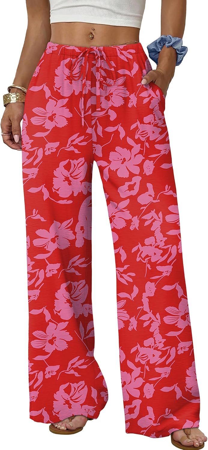 Sampeel Wide Leg Pants for Women Flowy Palazzo Drawstring Elastic Waist Trousers with Pockets Summer Beach Vacation Clothes