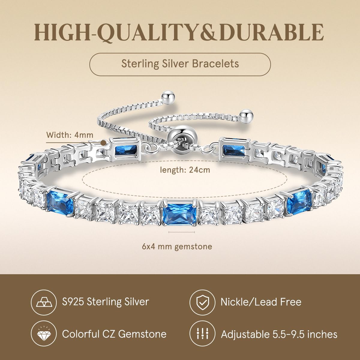 FANCIME Birthstone Bracelet for Women, Sterling Silver 4x6mm Gemstone Tennis Bracelet Bolo Adjustable Chain Fine Jewelry Birthday Gifts for Women Mom Wife Her