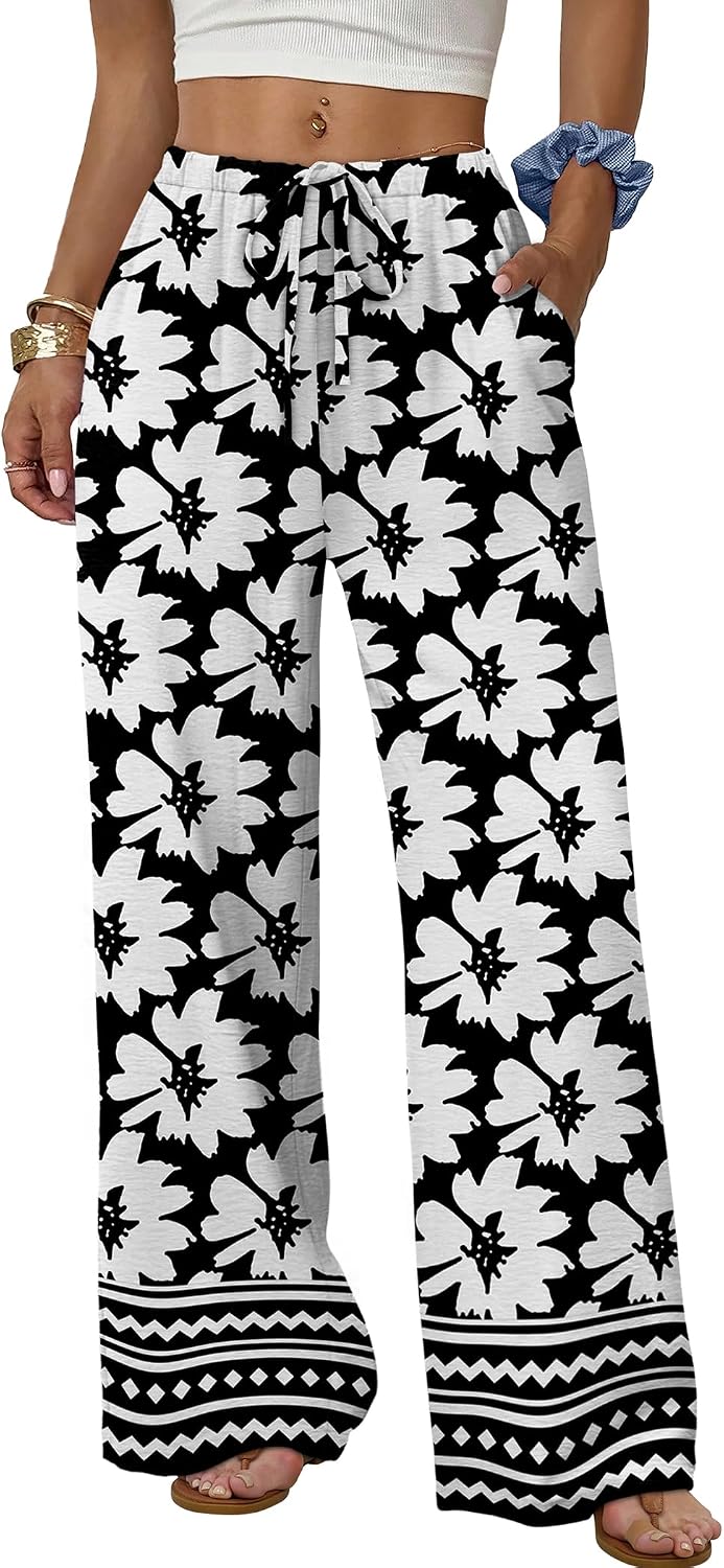 Sampeel Wide Leg Pants for Women Flowy Palazzo Drawstring Elastic Waist Trousers with Pockets Summer Beach Vacation Clothes