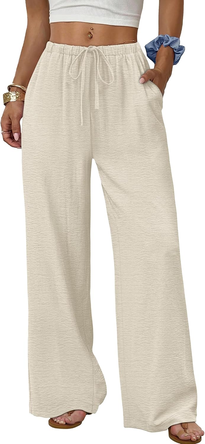 Sampeel Wide Leg Pants for Women Flowy Palazzo Drawstring Elastic Waist Trousers with Pockets Summer Beach Vacation Clothes
