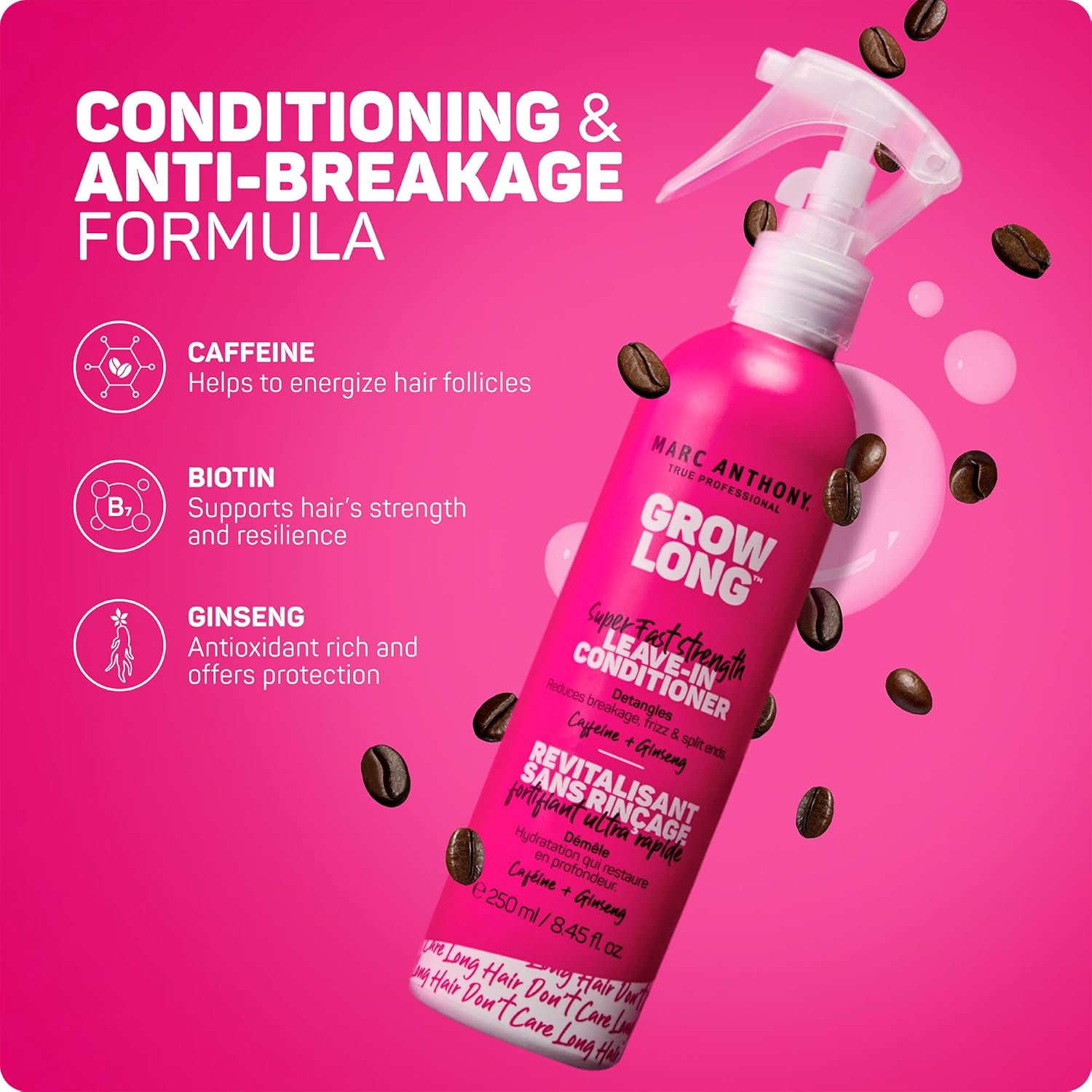 Marc Anthony Grow Long, Detangling Leave-In Hair Conditioner Spray | Anti-Frizz Anti-Breakage Hair Care for Dry Damaged Hair & Split Ends - Biotin, Vitamin E, Caffeine & Ginseng - Sulfate Free