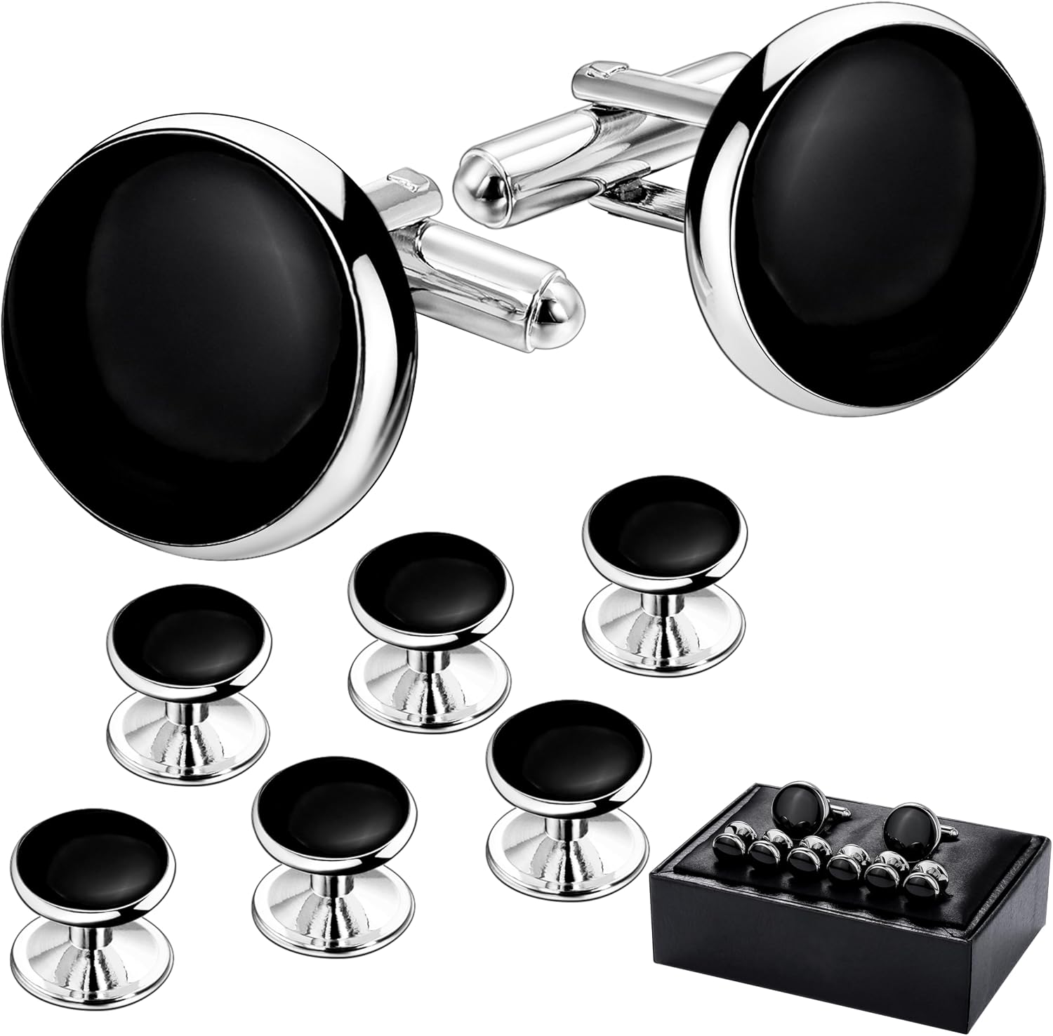 HAWSON Men’s Cufflinks and Tuxedo Studs Set with Gift Box; Men’s Jewelry or Accessories Suitable for Black Suit White Shirts Vest and Red Bow tie on Wedding or Anniversary and Birthday