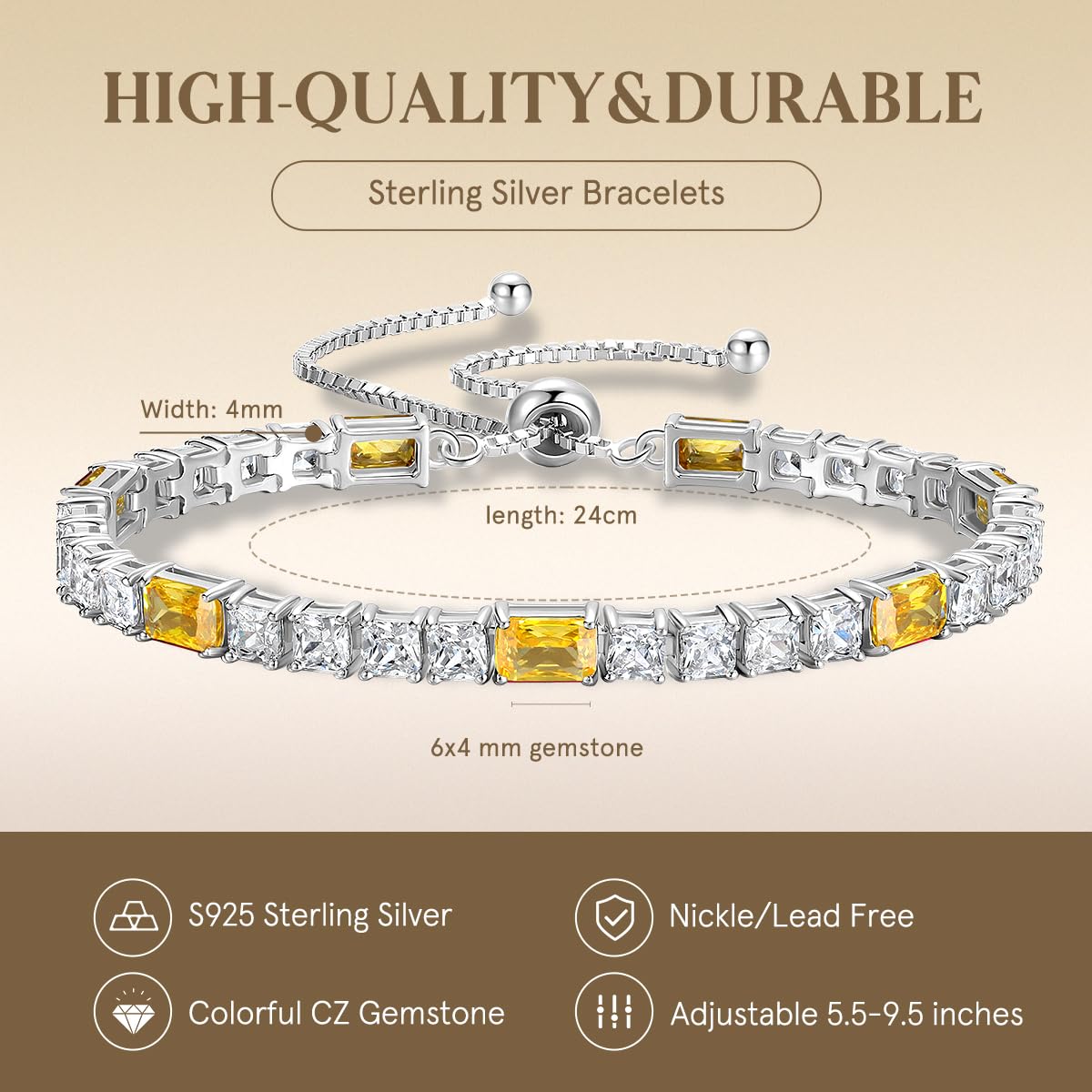 FANCIME Birthstone Bracelet for Women, Sterling Silver 4x6mm Gemstone Tennis Bracelet Bolo Adjustable Chain Fine Jewelry Birthday Gifts for Women Mom Wife Her