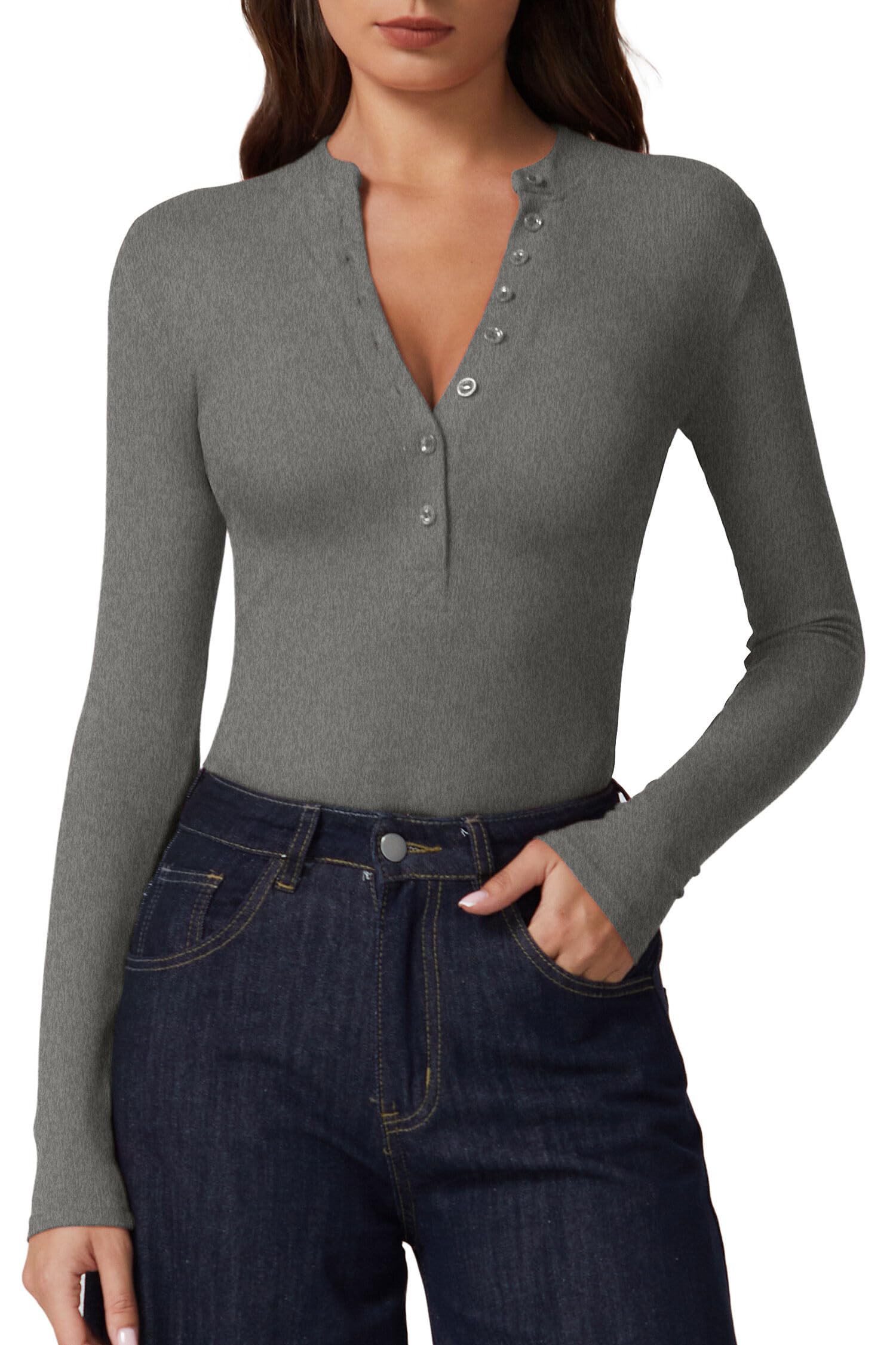 QINSEN Button Down Shirts for Women V Neck Long Sleeve Ribbed Knit Slim Fit Basic Tee Tops
