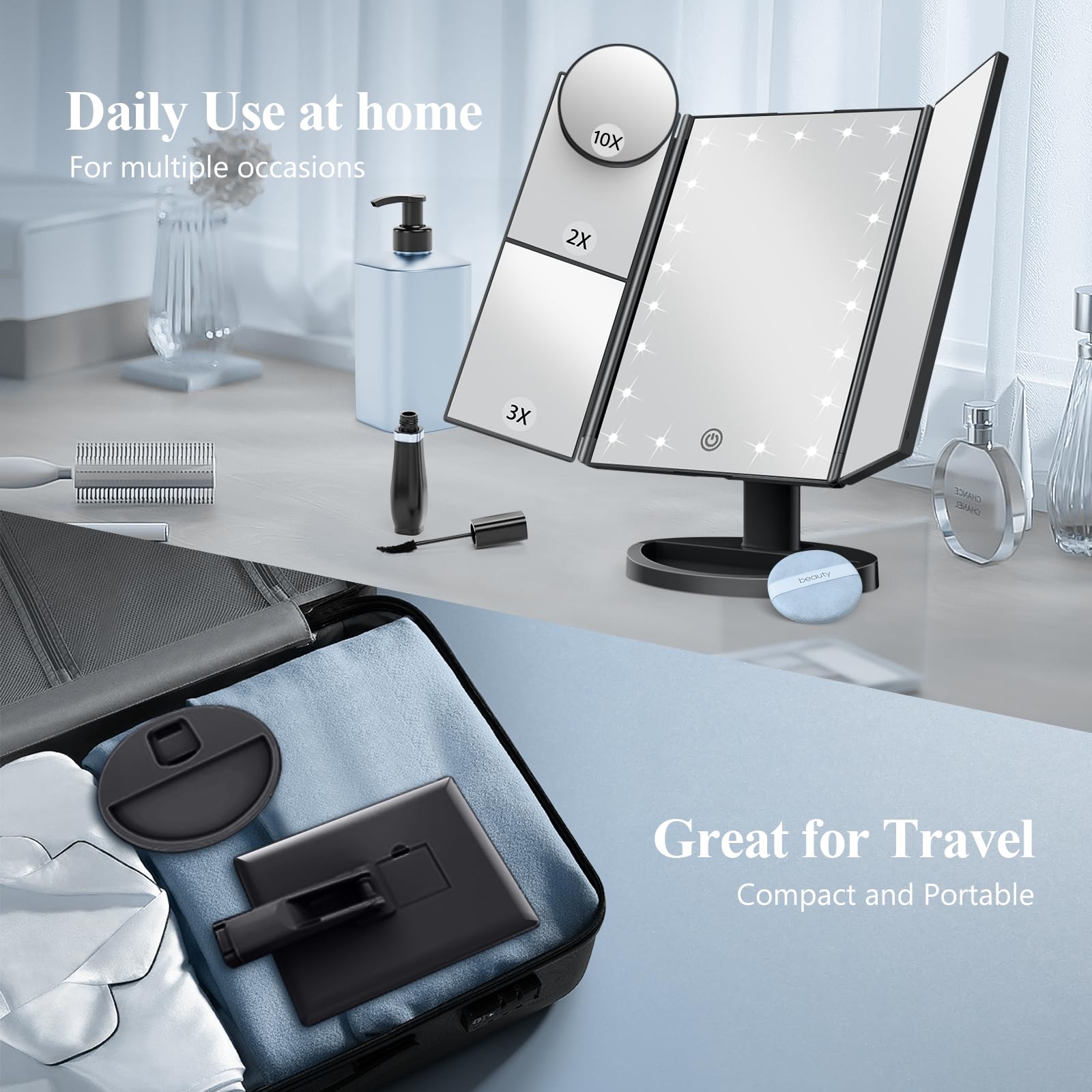 HUONUL 2X/3X/10X Magnifying Vanity Mirror with Light, Trifold Makeup Mirror | Touch Dimming, Dual Power, Clear View for Makeup, Skincare. Dorm Room Essentials. Birthday Gifts for Women, Mom, Wife, Girls