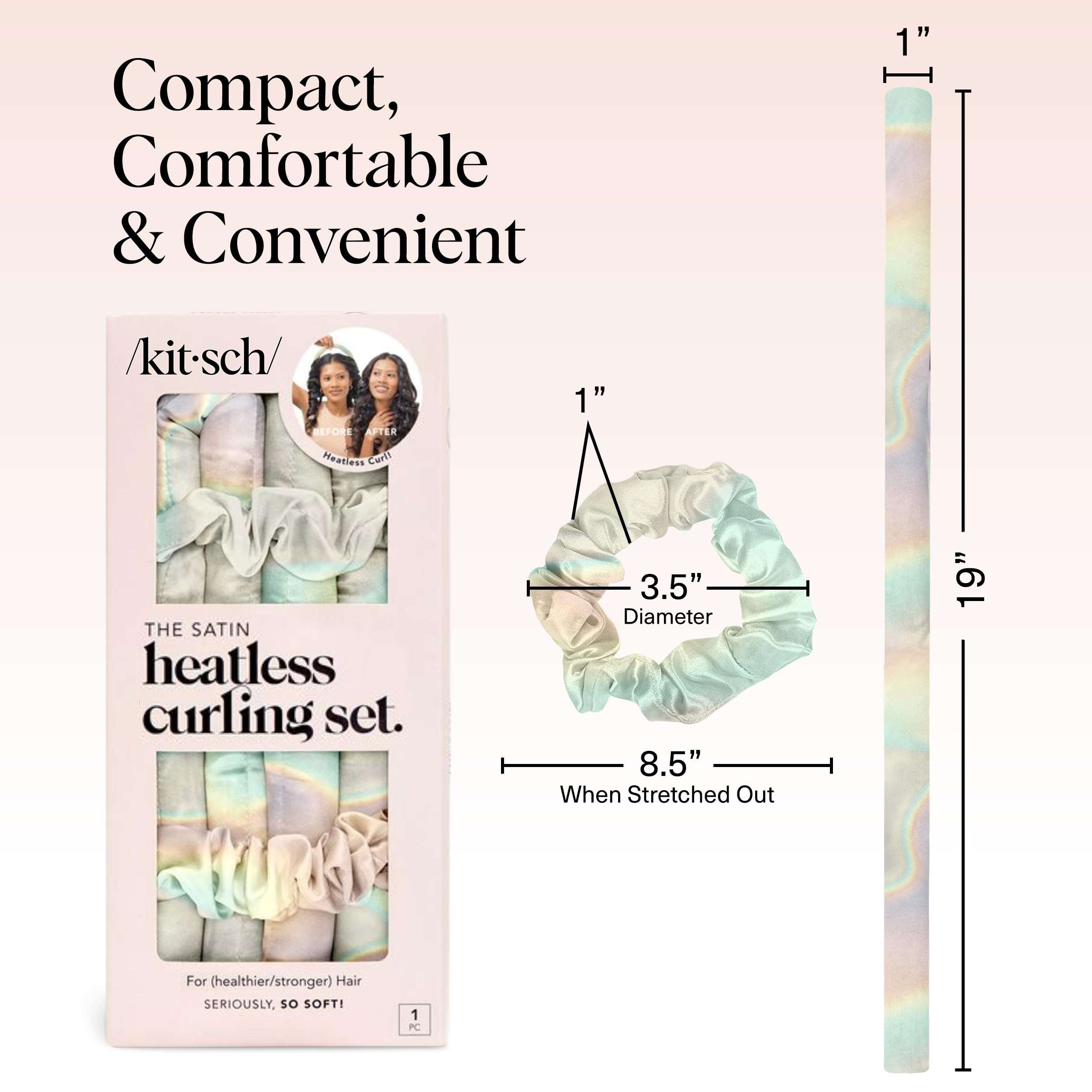 Kitsch Satin Heatless Curls Overnight Set - Sunset Tie Dye | No Heat Damage Overnight Curls | Comfortable Frizz Free Hair Curlers To Sleep In with 34" Hair Waver & 2 Satin Scrunchies