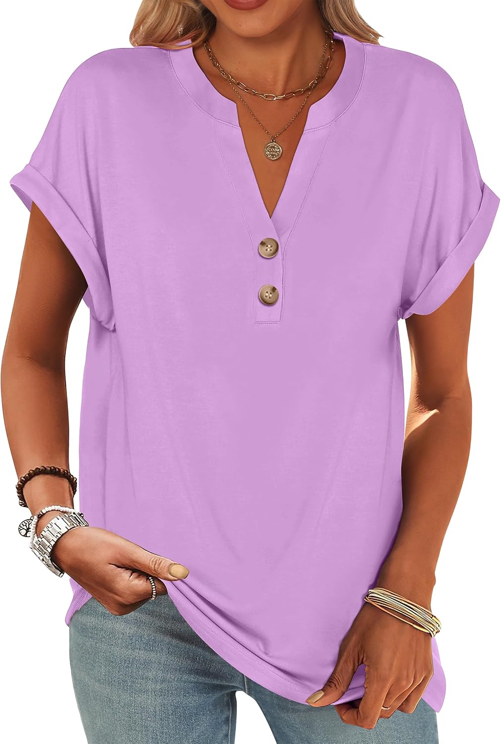 ANRABESS Womens Short Sleeve Henley Tops V Neck Dressy Casual Blouses Summer Trendy Tee Shirts 2026 Vacation Fashion Clothes
