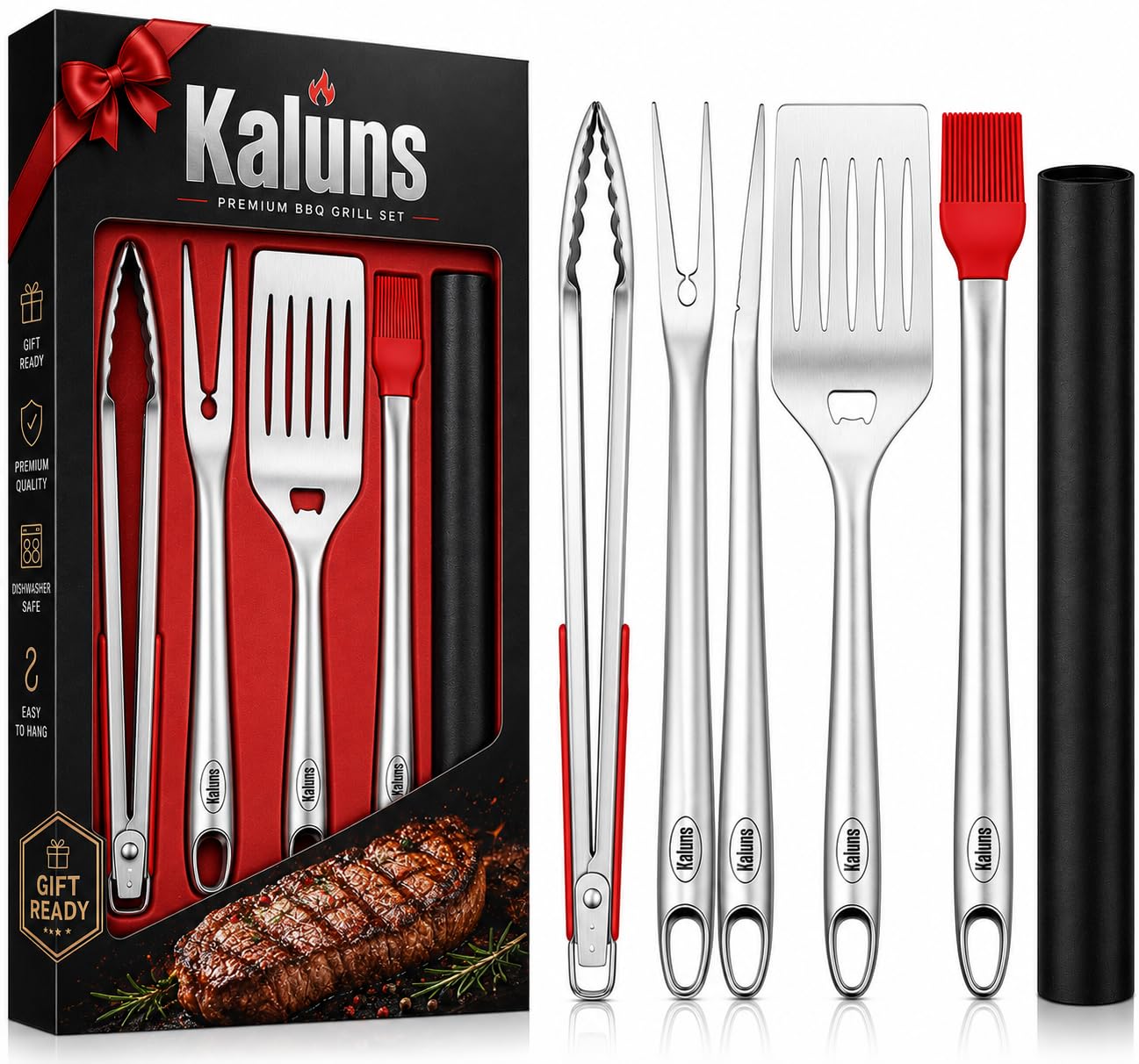 Kaluns Grilling Accessories, Gifts for Men Christmas Grilling Gifts for Dad, Heavy Duty Stainless Steel BBQ Grill Tools Set for Outdoor Grill with Aluminum Case and Apron, Birthday Gifts for Men Dad