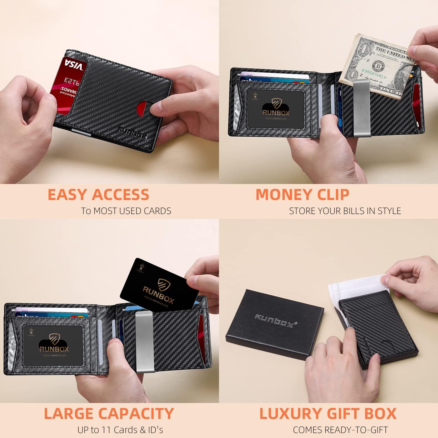 RUNBOX Slim Wallet for Men - RFID Blocking Leather Bifold with Money Clip | Minimalist Front Pocket Wallet Holds 11 Cards,Slim Thin Design,RFID Blocking Protection, Practical Birthday Gifts for Men