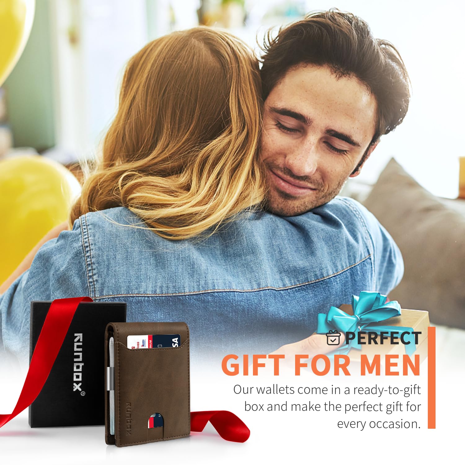 RUNBOX Slim Wallet for Men - RFID Blocking Leather Bifold with Money Clip | Minimalist Front Pocket Wallet Holds 11 Cards,Slim Thin Design,RFID Blocking Protection, Practical Birthday Gifts for Men
