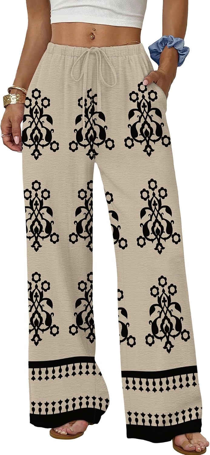 Sampeel Wide Leg Pants for Women Flowy Palazzo Drawstring Elastic Waist Trousers with Pockets Summer Beach Vacation Clothes