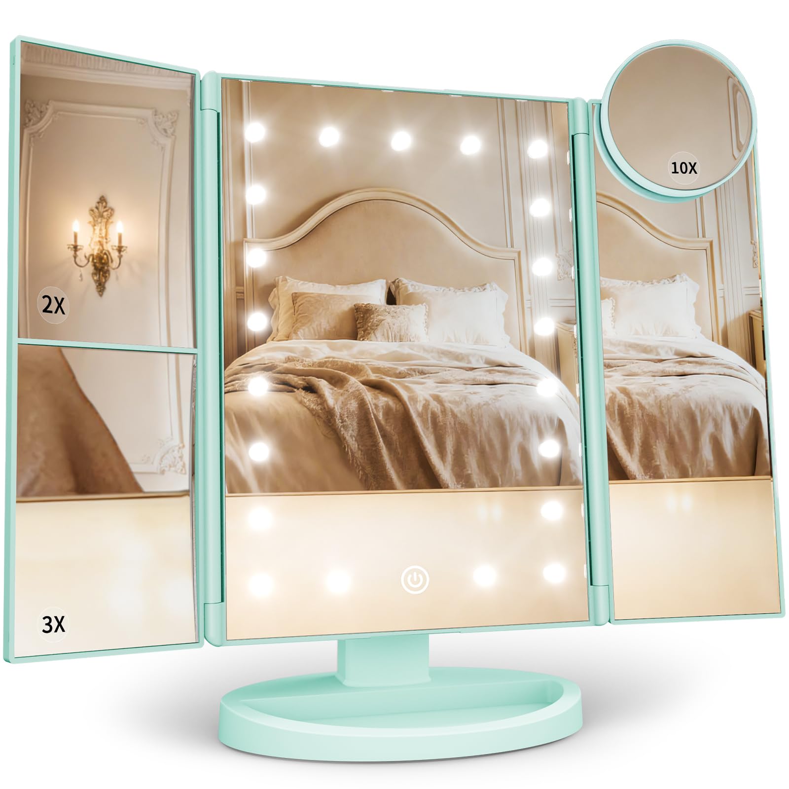 HUONUL 2X/3X/10X Magnifying Vanity Mirror with Light, Trifold Makeup Mirror | Touch Dimming, Dual Power, Clear View for Makeup, Skincare. Dorm Room Essentials. Birthday Gifts for Women, Mom, Wife, Girls