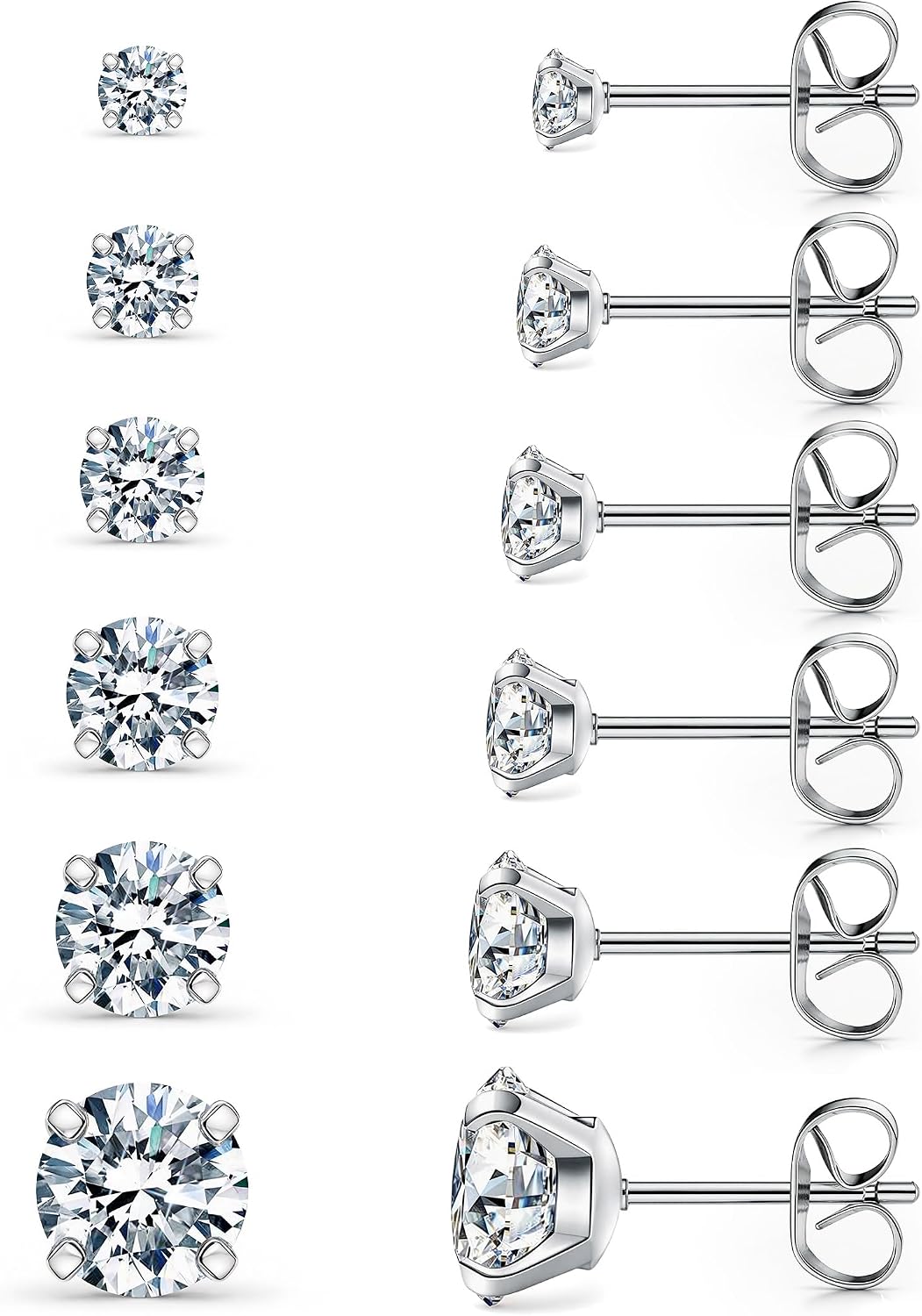 6 Pairs Stud Earrings Set, Hypoallergenic Cubic Zirconia 316L Earrings Stainless Steel CZ Earrings 3-8mm (Steel color)