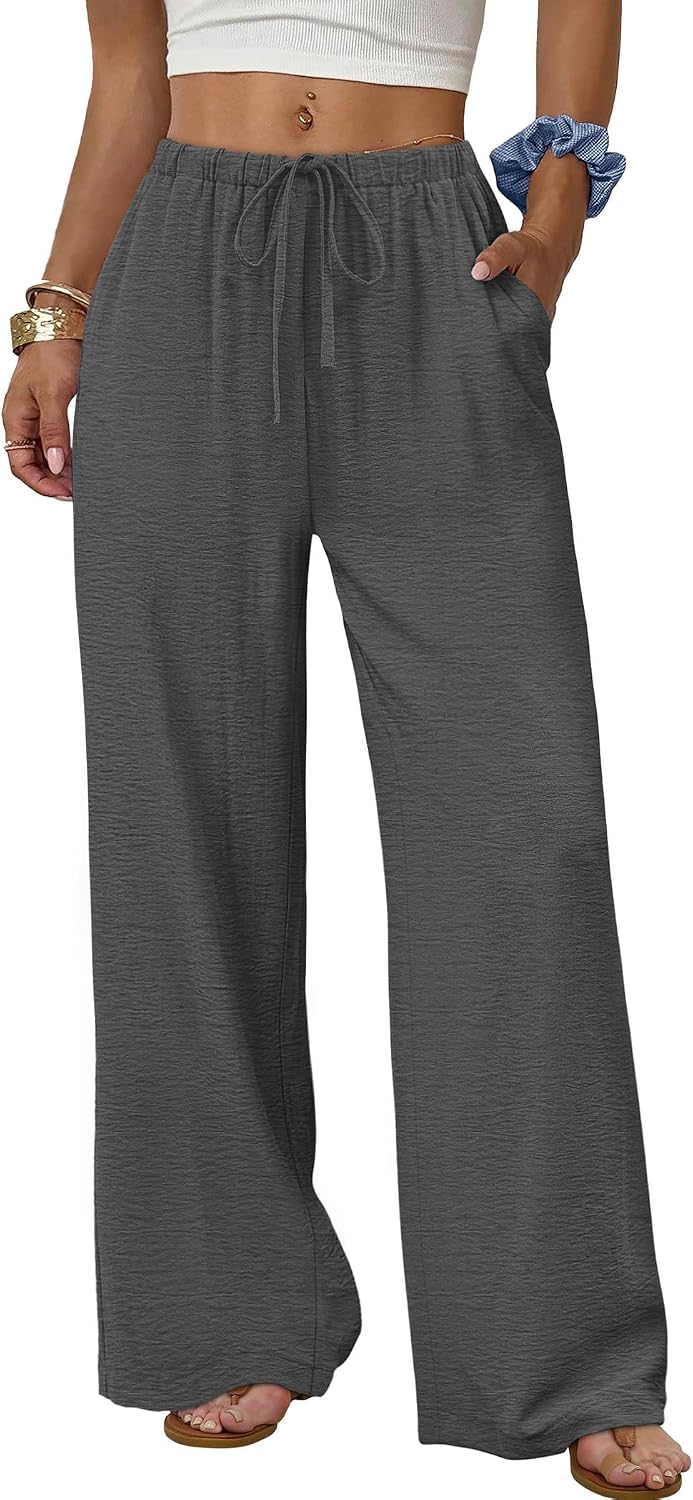 Sampeel Wide Leg Pants for Women Flowy Palazzo Drawstring Elastic Waist Trousers with Pockets Summer Beach Vacation Clothes