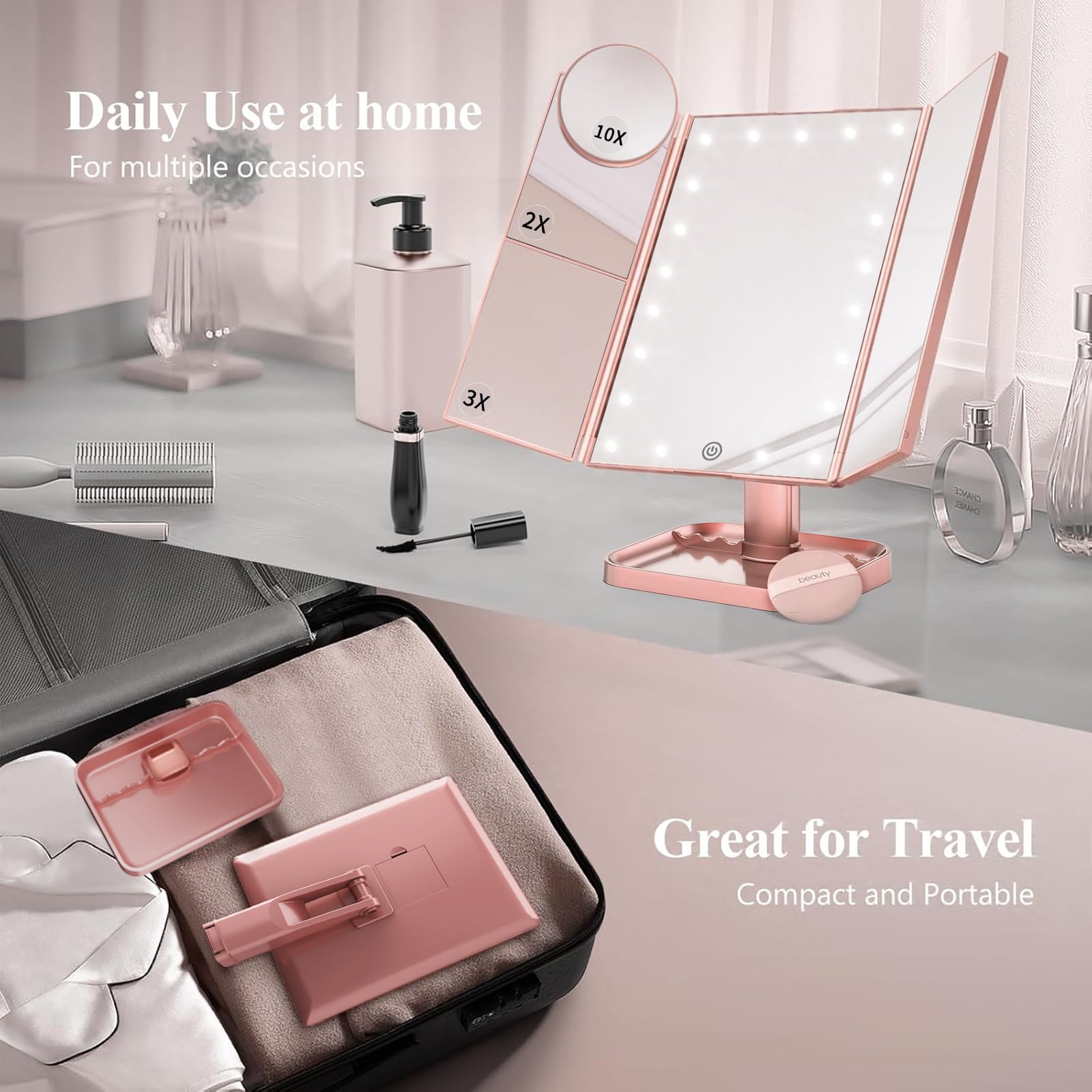 HUONUL 2X/3X/10X Magnifying Vanity Mirror with Light, Trifold Makeup Mirror | Touch Dimming, Dual Power, Clear View for Makeup, Skincare. Dorm Room Essentials. Birthday Gifts for Women, Mom, Wife, Girls