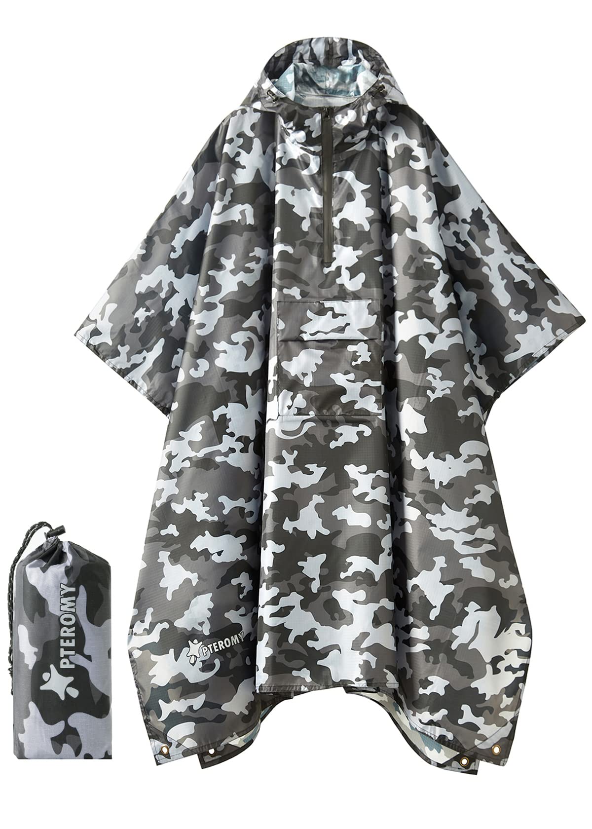 PTEROMY 3-in-1 Hooded Rain Poncho for Adult with Pocket, Waterproof Lightweight Unisex Raincoat for Hiking Camping Emergency