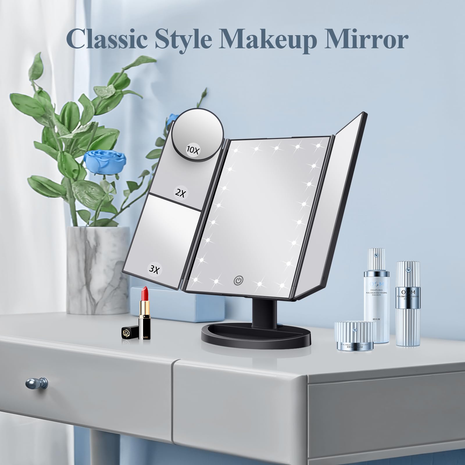 HUONUL 2X/3X/10X Magnifying Vanity Mirror with Light, Trifold Makeup Mirror | Touch Dimming, Dual Power, Clear View for Makeup, Skincare. Dorm Room Essentials. Birthday Gifts for Women, Mom, Wife, Girls