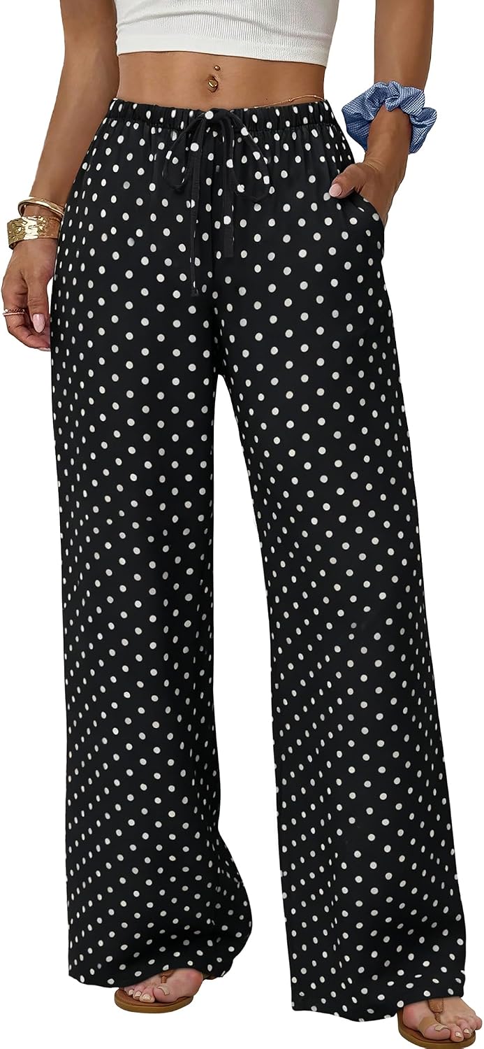 Sampeel Wide Leg Pants for Women Flowy Palazzo Drawstring Elastic Waist Trousers with Pockets Summer Beach Vacation Clothes