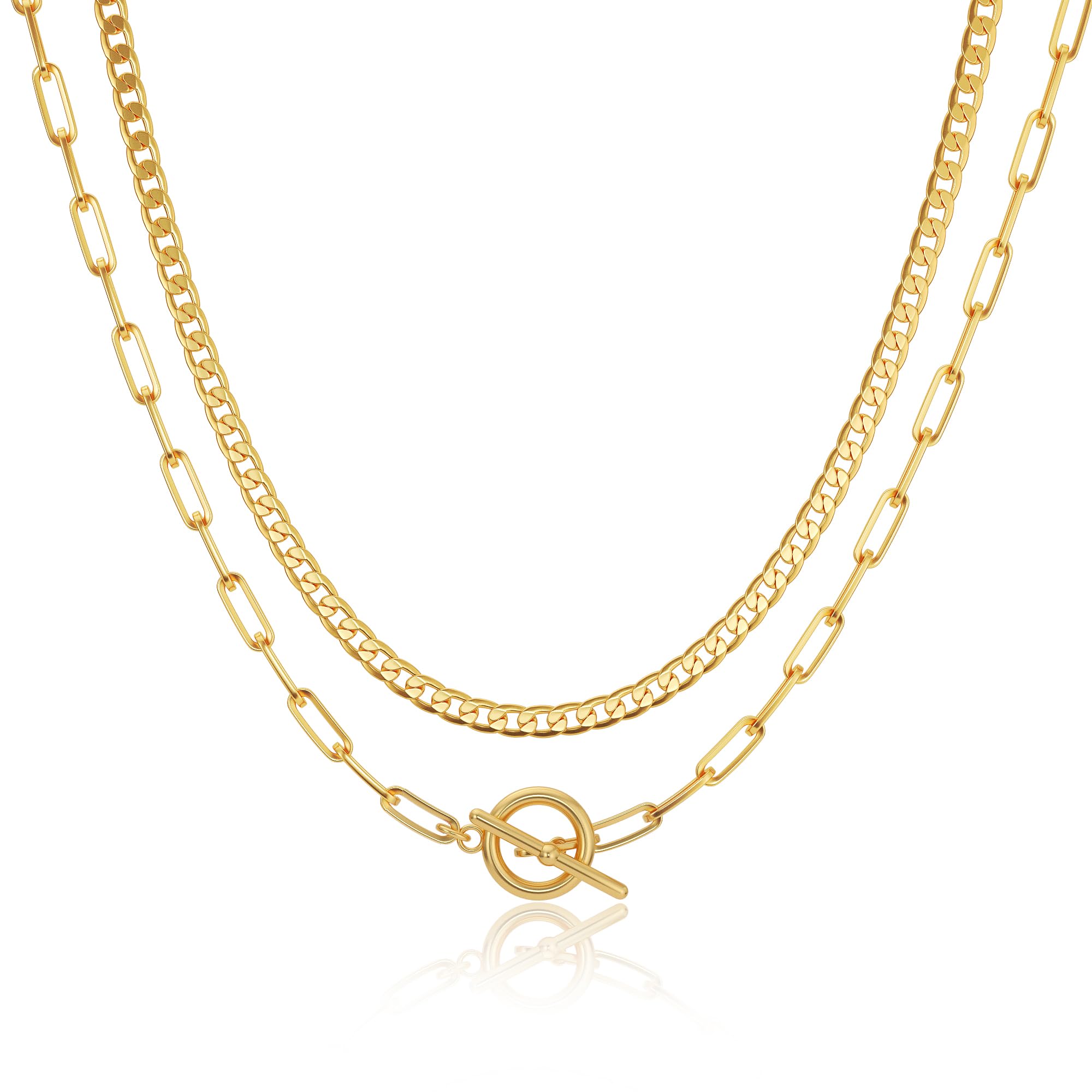 CHESKY 14K Gold Plated Layered Chain Necklace for Women | Trendy Cuban Link Chain, Chunky Paperclip Chain, Toggle Clasp Necklace, Fashion Gold Jewelry, Daily Gift for Women