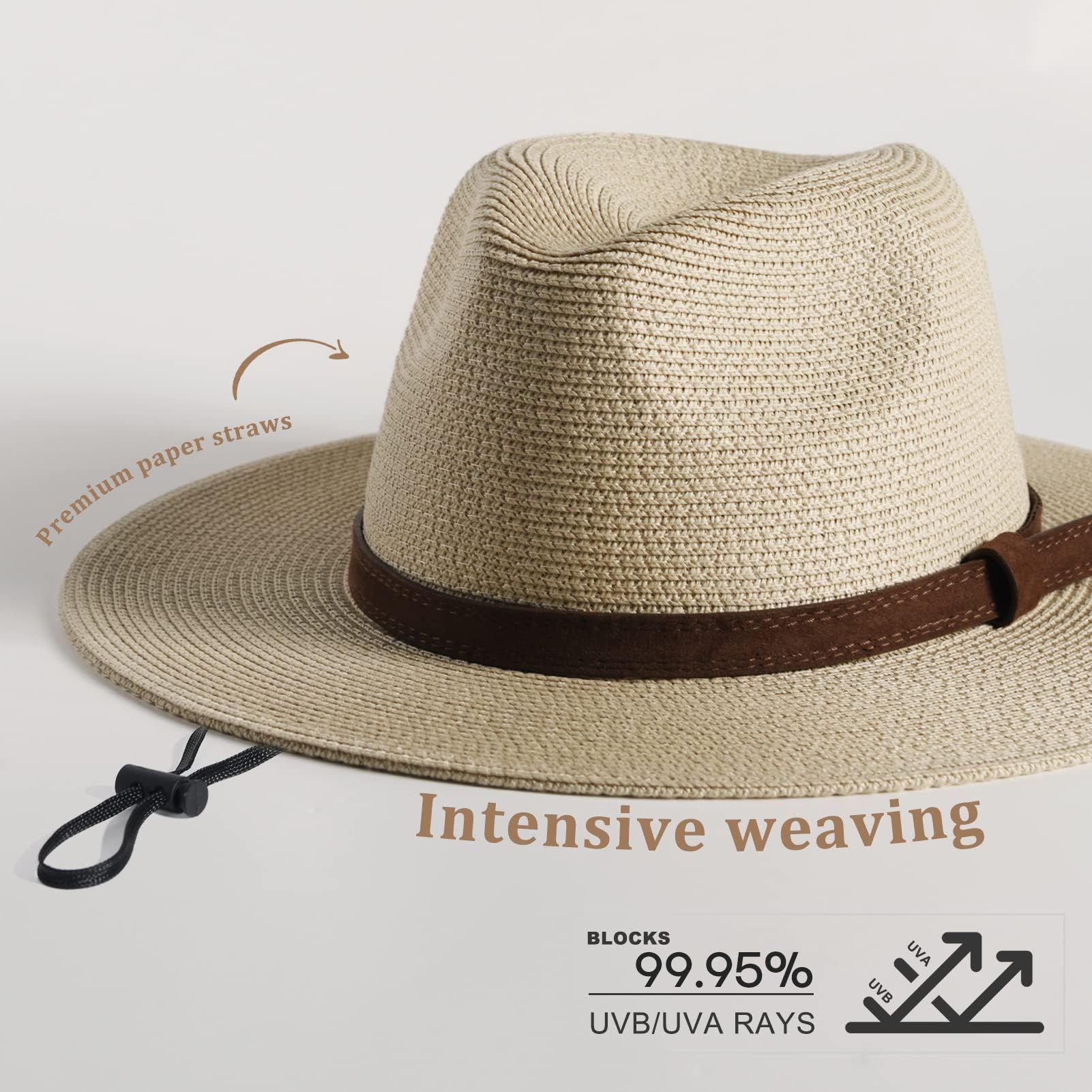 FURTALK Womens Mens Wide Brim Straw Panama Hat Fedora Summer Beach Sun Hat | Breathable Paper Straw, Classic Ribbon Trim, UPF Protection, Adjustable Band Inside, Chin Strap for Gusty Winds