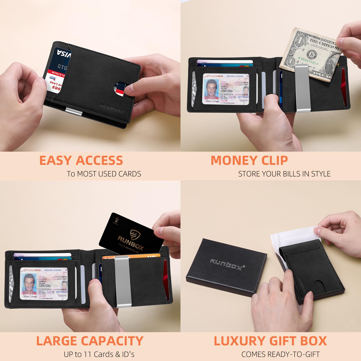 RUNBOX Slim Wallet for Men - RFID Blocking Leather Bifold with Money Clip | Minimalist Front Pocket Wallet Holds 11 Cards,Slim Thin Design,RFID Blocking Protection, Practical Birthday Gifts for Men