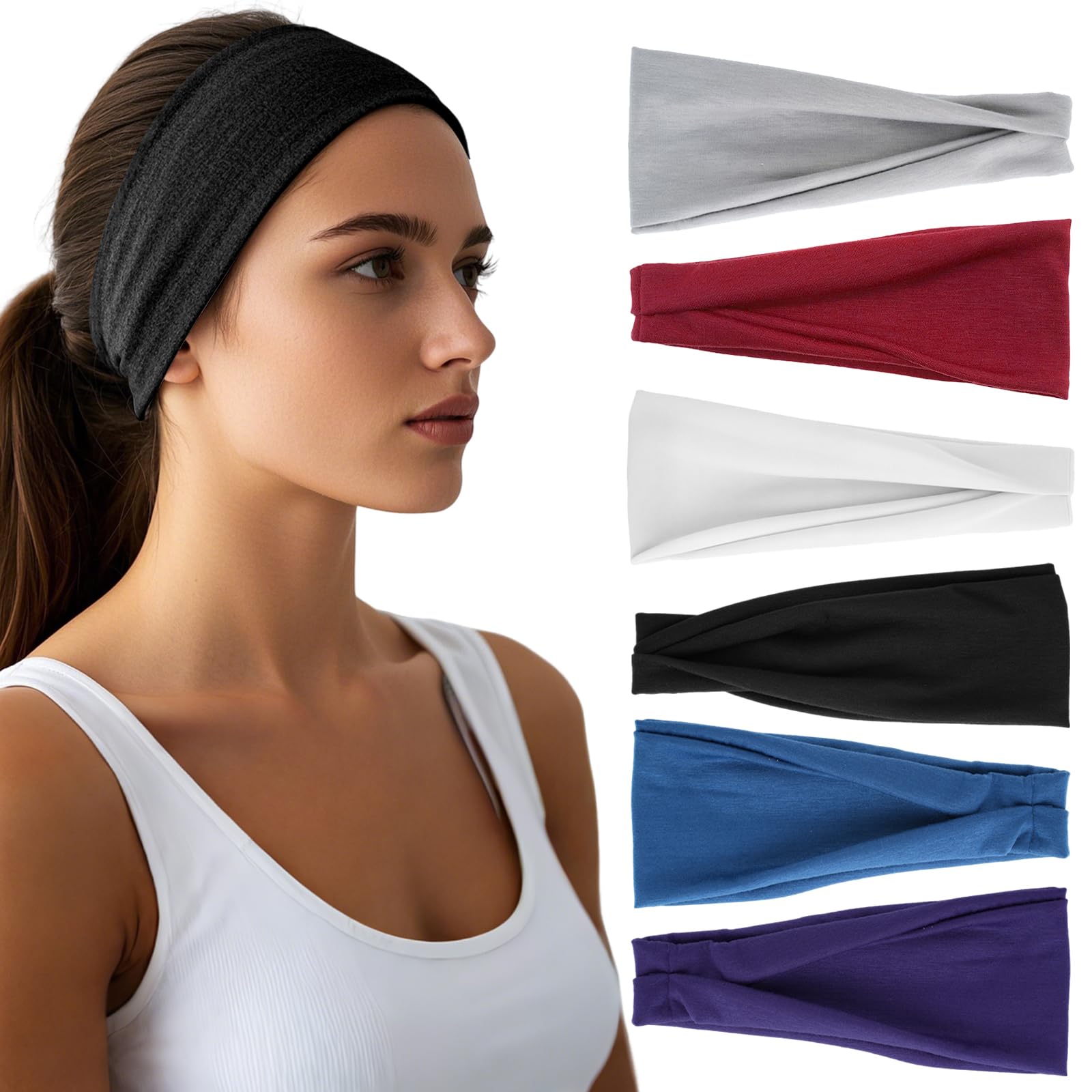 Headbands for Women - 6 Pack Wide Elastic Hair Bands | Stretchy Sweatbands Hair Bands | Soft Sports Thin Head Bands | Non-Slip Accessories Bands for Fashion, Washing Face, Workouts, Yoga, Daily Use
