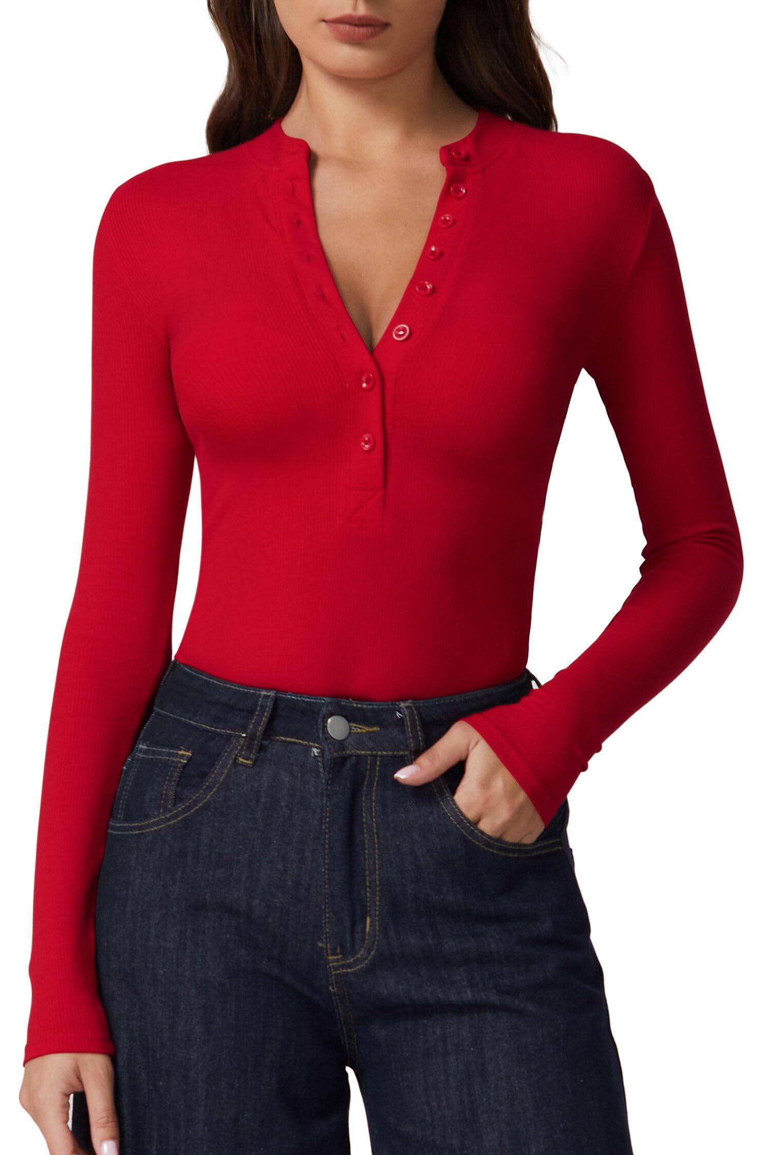 QINSEN Button Down Shirts for Women V Neck Long Sleeve Ribbed Knit Slim Fit Basic Tee Tops