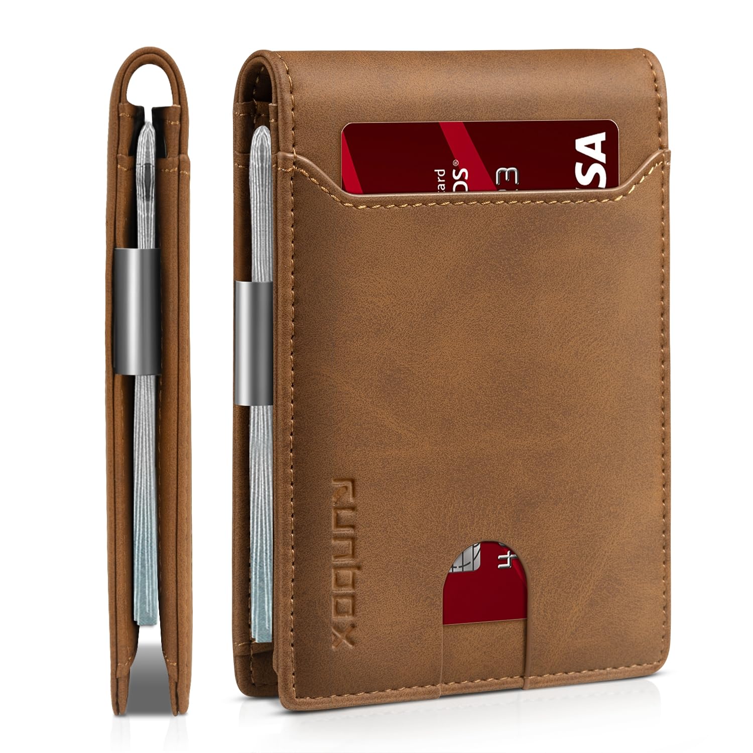 RUNBOX Slim Wallet for Men - RFID Blocking Leather Bifold with Money Clip | Minimalist Front Pocket Wallet Holds 11 Cards,Slim Thin Design,RFID Blocking Protection, Practical Birthday Gifts for Men