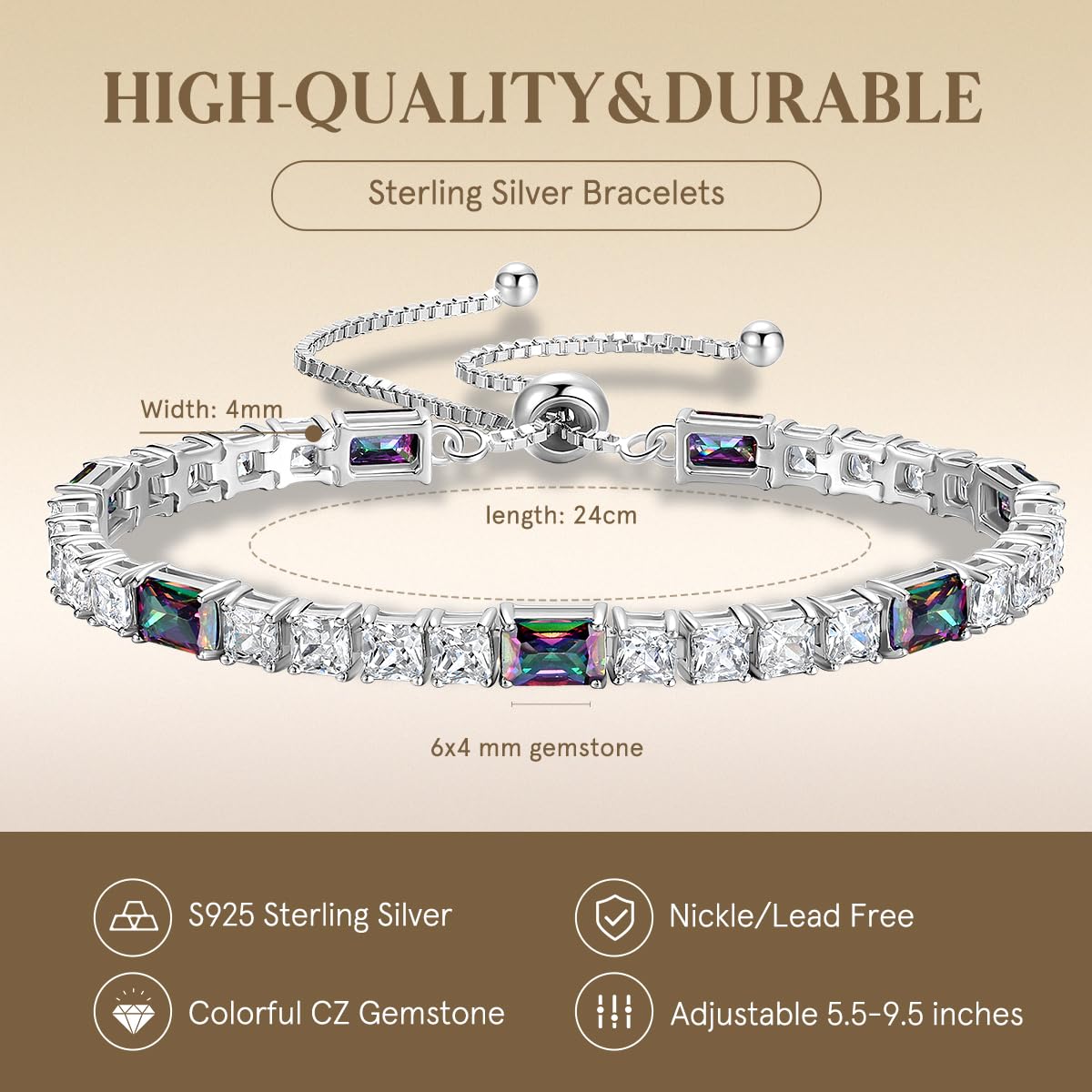 FANCIME Birthstone Bracelet for Women, Sterling Silver 4x6mm Gemstone Tennis Bracelet Bolo Adjustable Chain Fine Jewelry Birthday Gifts for Women Mom Wife Her