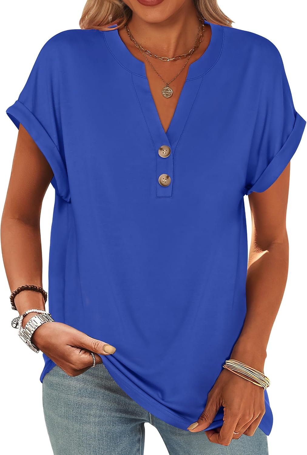 ANRABESS Womens Short Sleeve Henley Tops V Neck Dressy Casual Blouses Summer Trendy Tee Shirts 2026 Vacation Fashion Clothes