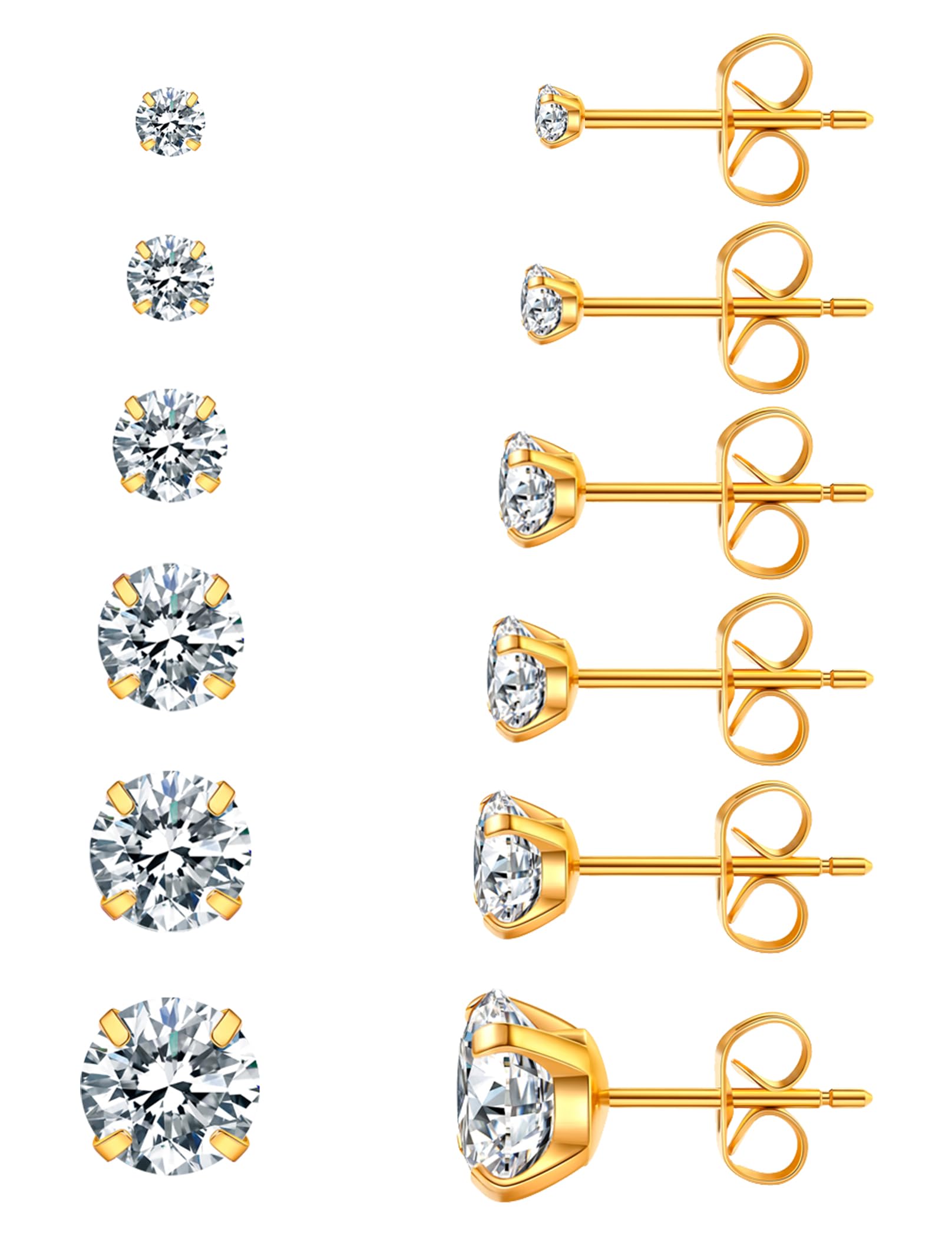 6 Pairs Stud Earrings Set, Hypoallergenic Cubic Zirconia 316L Earrings Stainless Steel CZ Earrings 3-8mm (Steel color)
