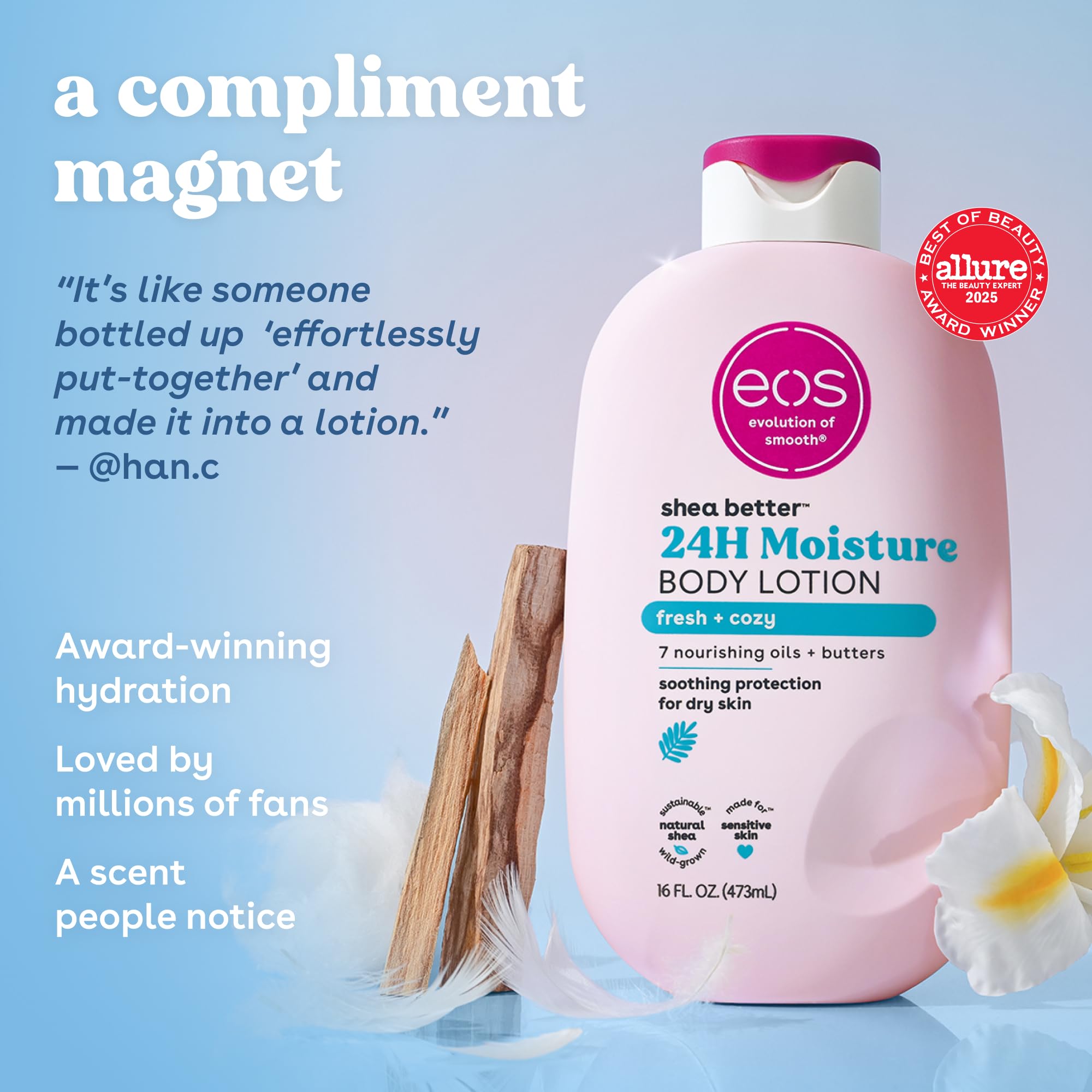 eos Shea Better Body Lotion Vanilla Cashmere, 24-Hour Moisture Skin Care, Lightweight & Non-Greasy, Natural Shea, Vegan, Vanilla Body Lotion, 16 fl oz