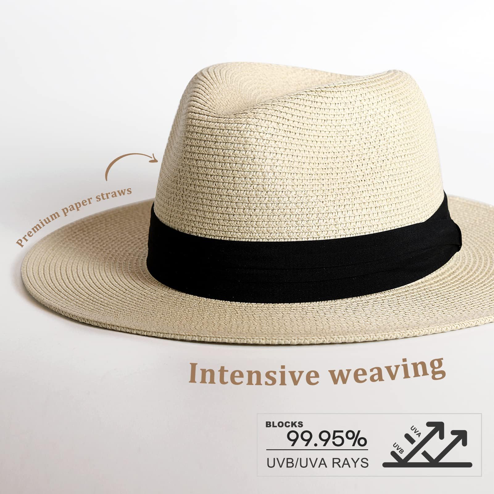 FURTALK Womens Mens Wide Brim Straw Panama Hat Fedora Summer Beach Sun Hat | Breathable Paper Straw, Classic Ribbon Trim, UPF Protection, Adjustable Band Inside, Chin Strap for Gusty Winds