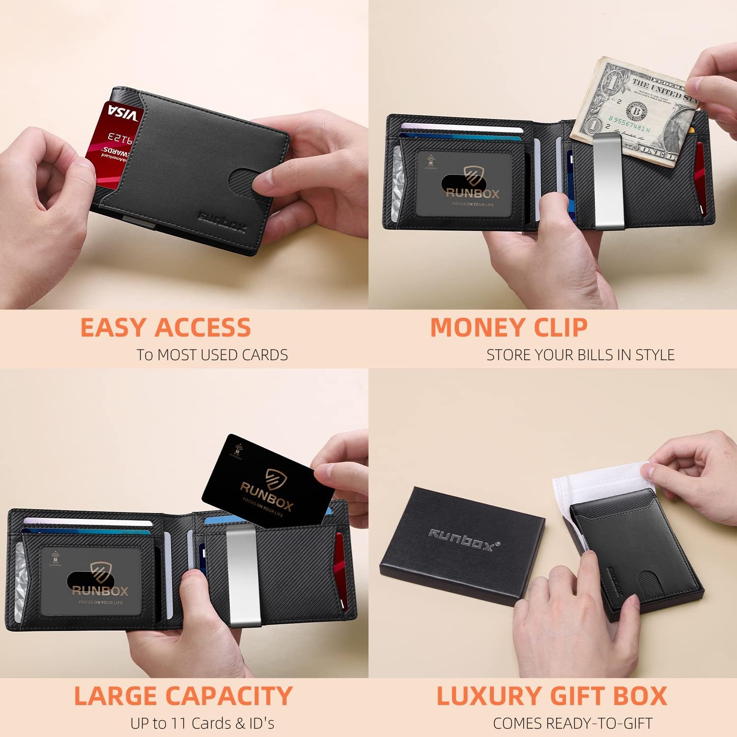 RUNBOX Slim Wallet for Men - RFID Blocking Leather Bifold with Money Clip | Minimalist Front Pocket Wallet Holds 11 Cards,Slim Thin Design,RFID Blocking Protection, Practical Birthday Gifts for Men