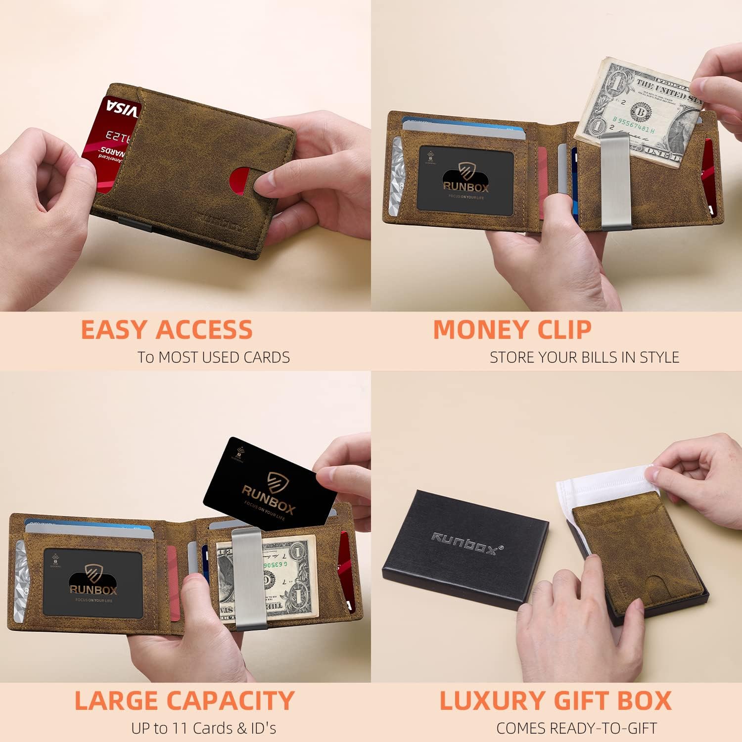 RUNBOX Slim Wallet for Men - RFID Blocking Leather Bifold with Money Clip | Minimalist Front Pocket Wallet Holds 11 Cards,Slim Thin Design,RFID Blocking Protection, Practical Birthday Gifts for Men