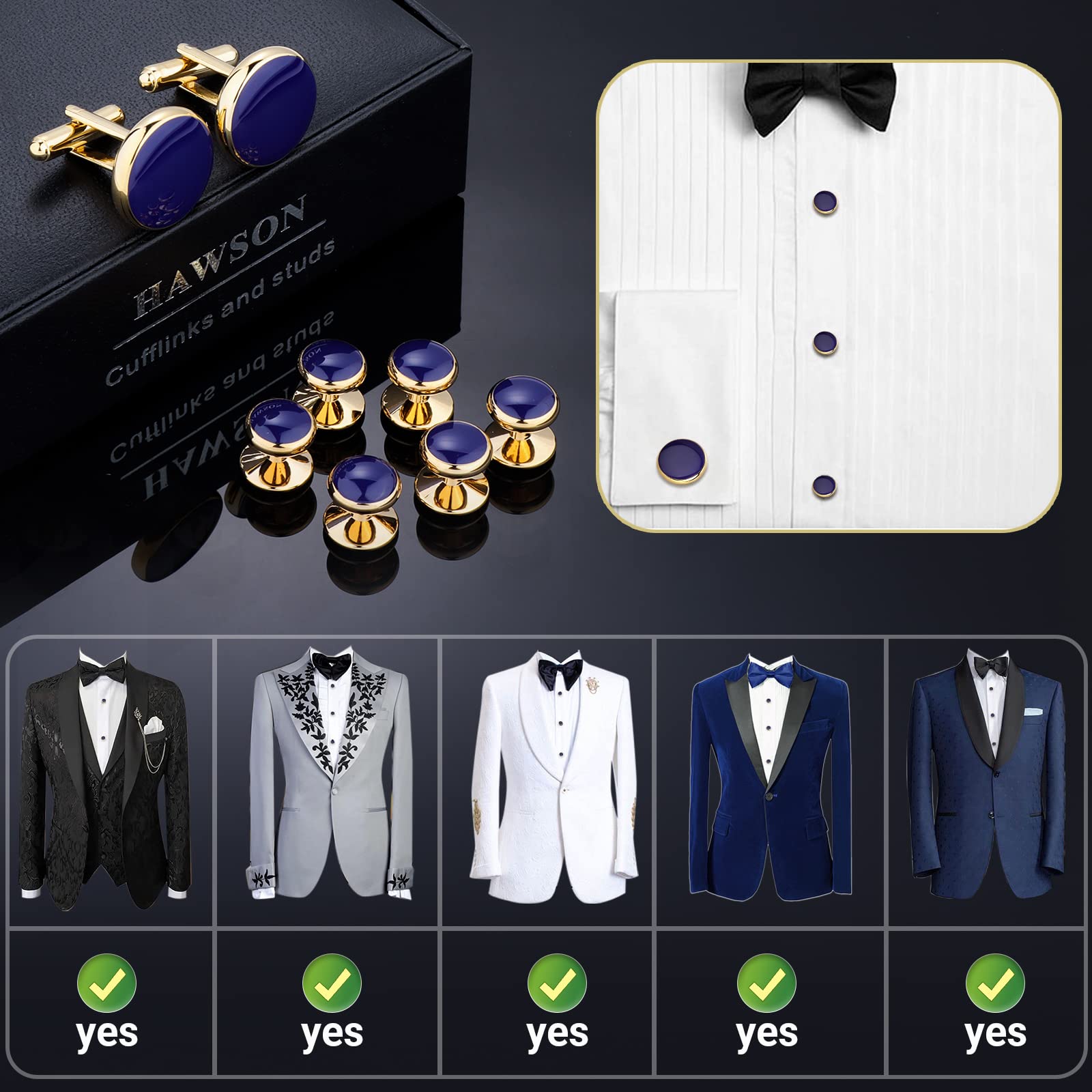 HAWSON Men’s Cufflinks and Tuxedo Studs Set with Gift Box; Men’s Jewelry or Accessories Suitable for Black Suit White Shirts Vest and Red Bow tie on Wedding or Anniversary and Birthday