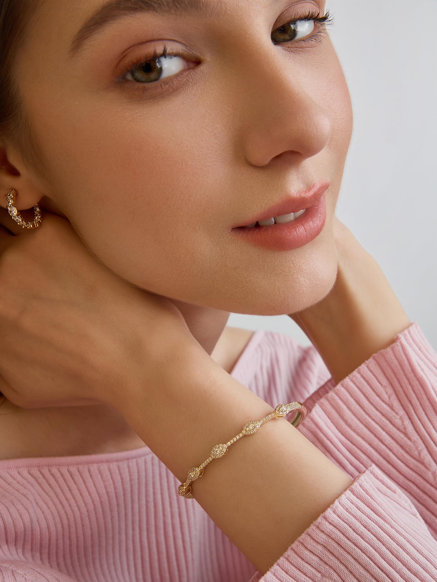 Gold Bracelets For Women, 14k Gold Filled Bangle Bracelets | Chunky Hinged Bangle Bracelets,Bangle Bracelets Non Tarnish, Jewelry For Women-Wavy Evil Eye Round Recetangle Marquise Cut
