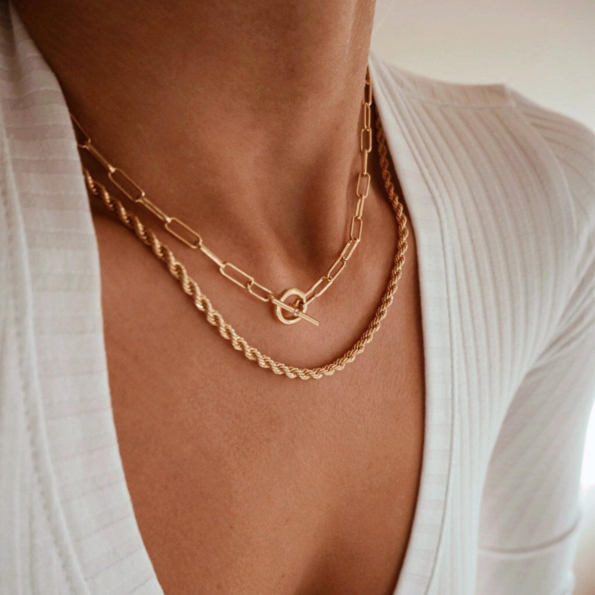 CHESKY 14K Gold Plated Layered Chain Necklace for Women | Trendy Cuban Link Chain, Chunky Paperclip Chain, Toggle Clasp Necklace, Fashion Gold Jewelry, Daily Gift for Women