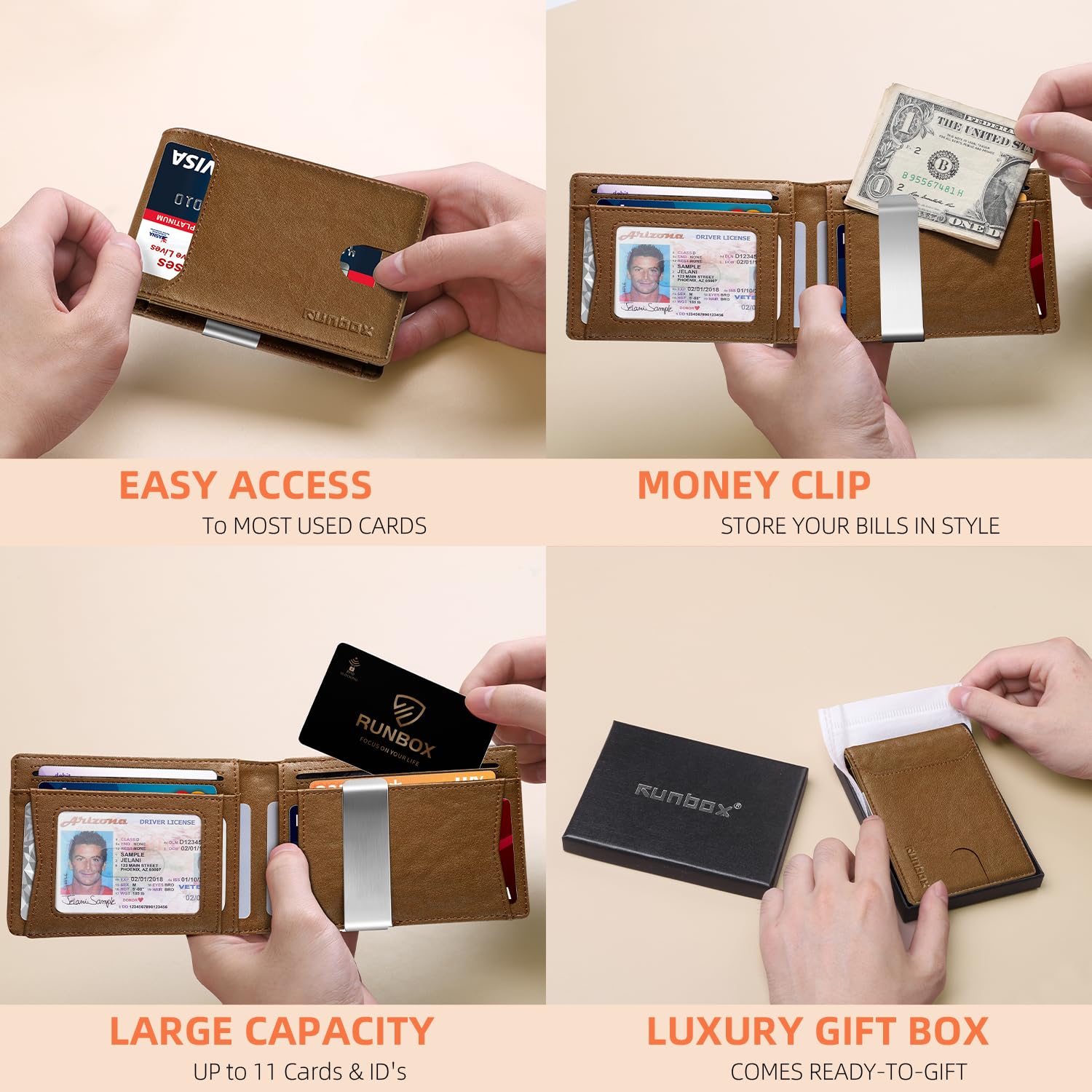 RUNBOX Slim Wallet for Men - RFID Blocking Leather Bifold with Money Clip | Minimalist Front Pocket Wallet Holds 11 Cards,Slim Thin Design,RFID Blocking Protection, Practical Birthday Gifts for Men