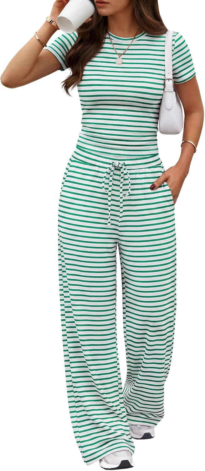 Trendy Queen Women's 2 Piece Matching Summer Lounge Set with Pockets | Vacation Airport Travel Outfits, Workout Gym Clothing Comfy Athleisure Clothes, Side-ruched Top, Drawstring Wide Leg Pants