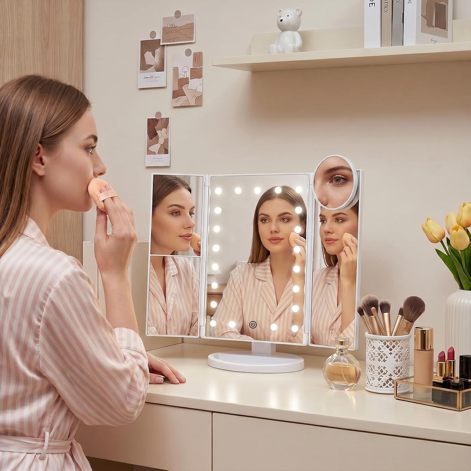 HUONUL 2X/3X/10X Magnifying Vanity Mirror with Light, Trifold Makeup Mirror | Touch Dimming, Dual Power, Clear View for Makeup, Skincare. Dorm Room Essentials. Birthday Gifts for Women, Mom, Wife, Girls