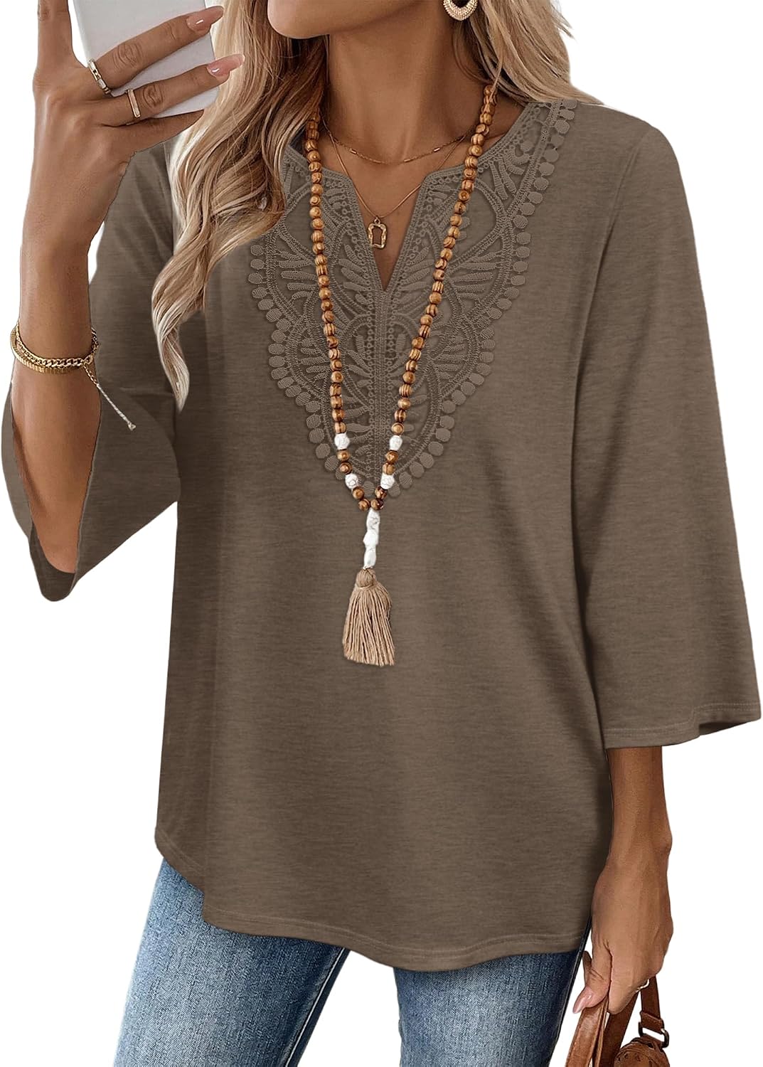 WIHOLL 3/4 Length Sleeve Womens Tops Boho V Neck Lace Shirt Trendy Blouses Dressy Casual Vacation Clothes S-3XL