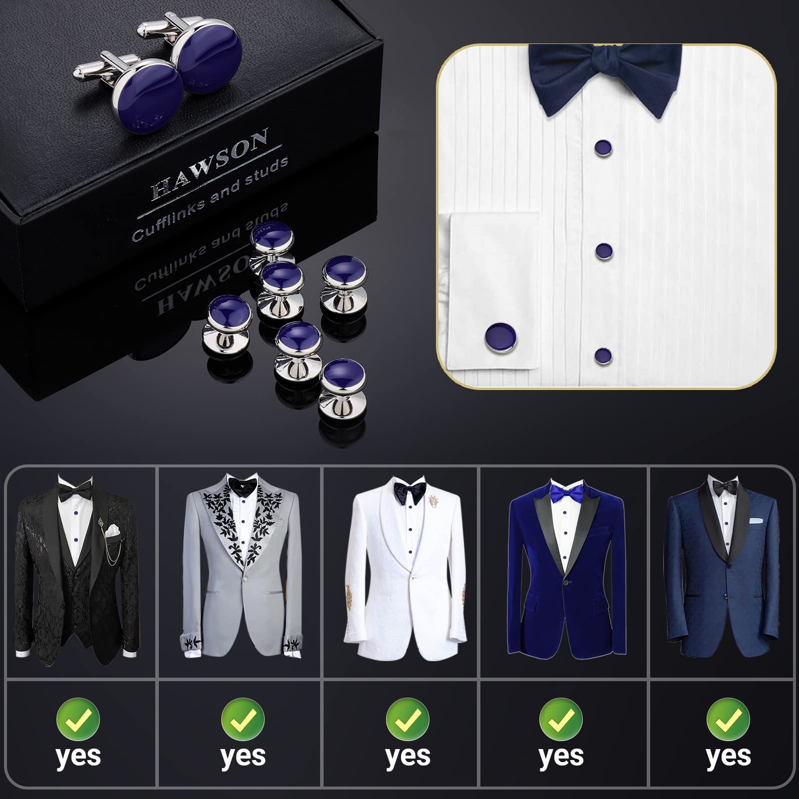 HAWSON Men’s Cufflinks and Tuxedo Studs Set with Gift Box; Men’s Jewelry or Accessories Suitable for Black Suit White Shirts Vest and Red Bow tie on Wedding or Anniversary and Birthday