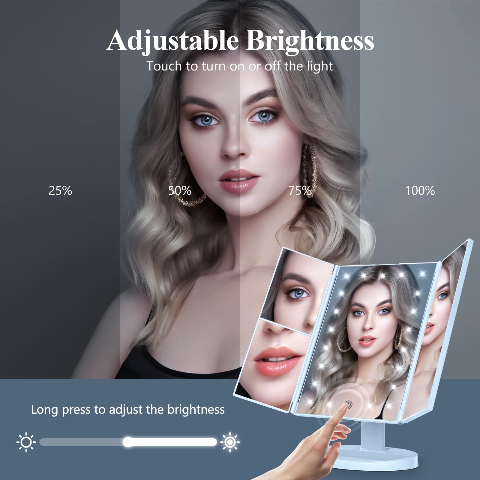 HUONUL 2X/3X/10X Magnifying Vanity Mirror with Light, Trifold Makeup Mirror | Touch Dimming, Dual Power, Clear View for Makeup, Skincare. Dorm Room Essentials. Birthday Gifts for Women, Mom, Wife, Girls