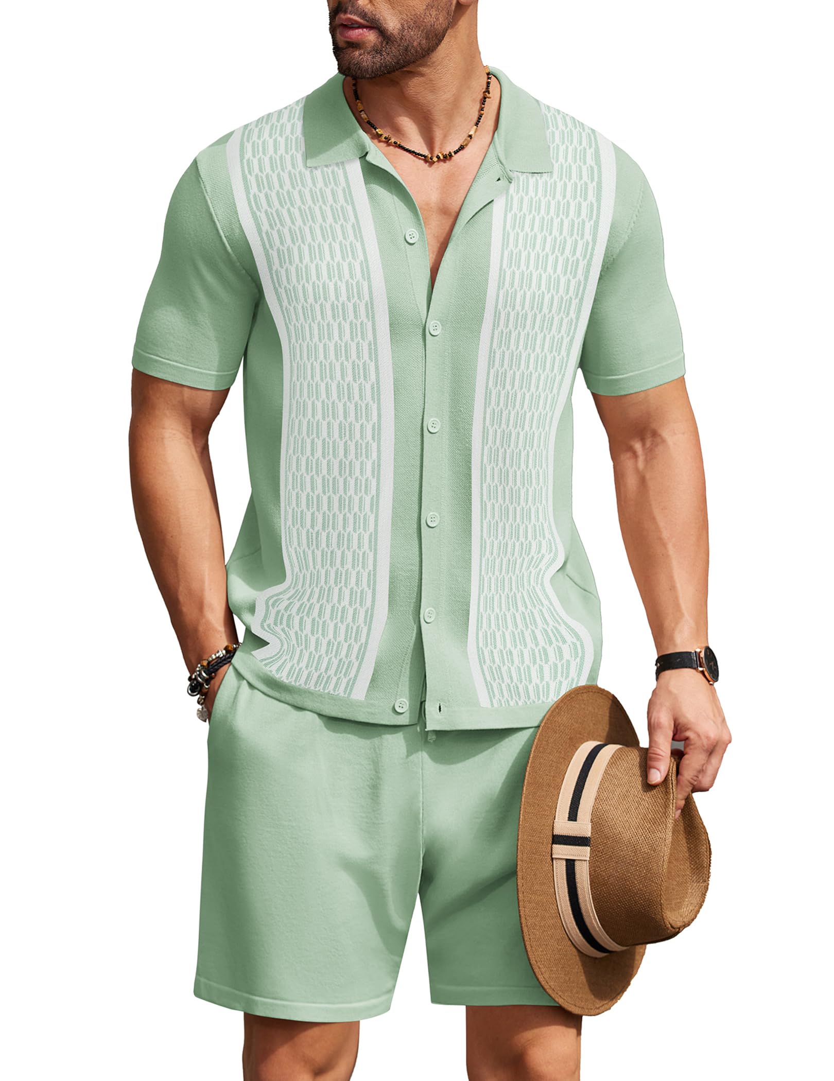 COOFANDY Men's 2 Piece Outfit Vintage Short Sleeve Button Down Knit Polo Shirts Casual Beach Shorts Sets