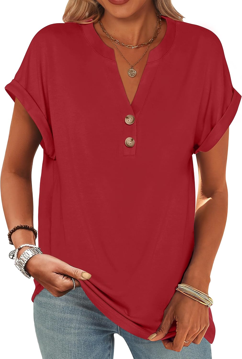 ANRABESS Womens Short Sleeve Henley Tops V Neck Dressy Casual Blouses Summer Trendy Tee Shirts 2026 Vacation Fashion Clothes