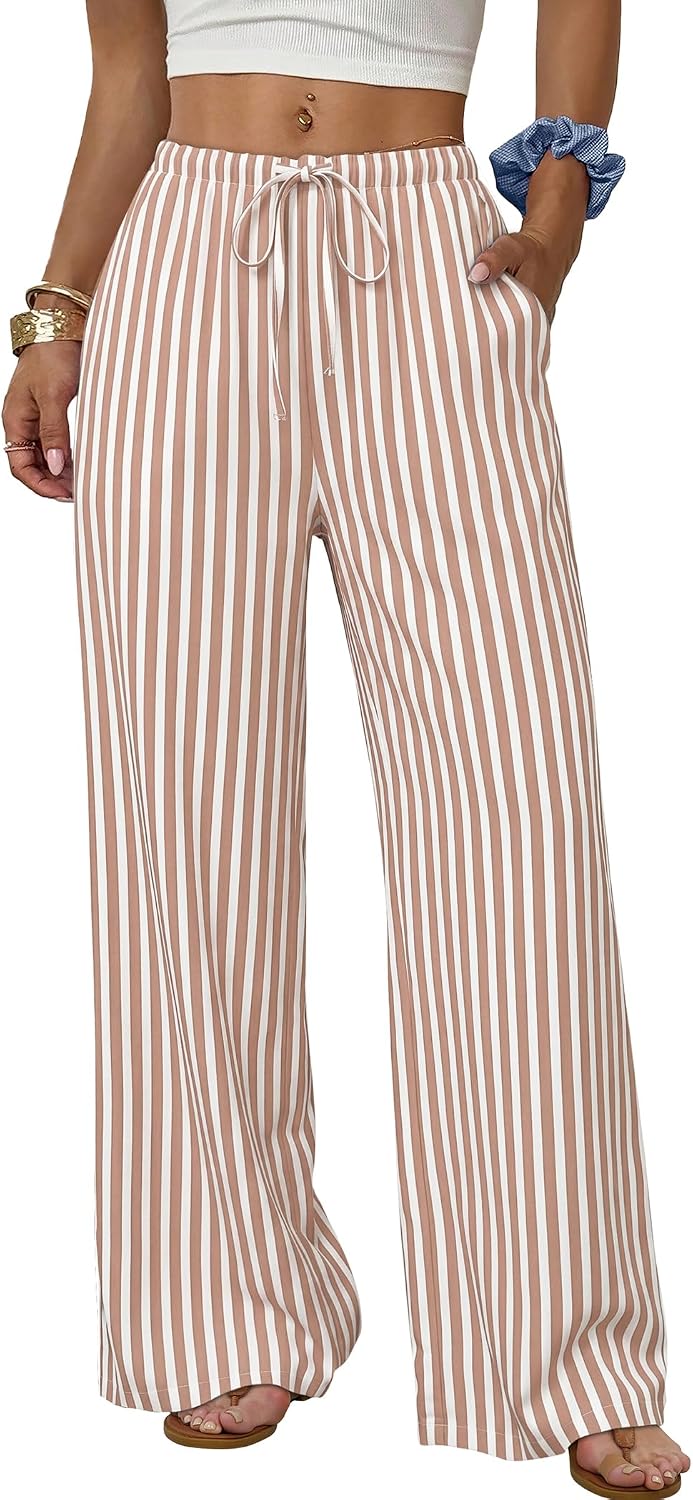 Sampeel Wide Leg Pants for Women Flowy Palazzo Drawstring Elastic Waist Trousers with Pockets Summer Beach Vacation Clothes