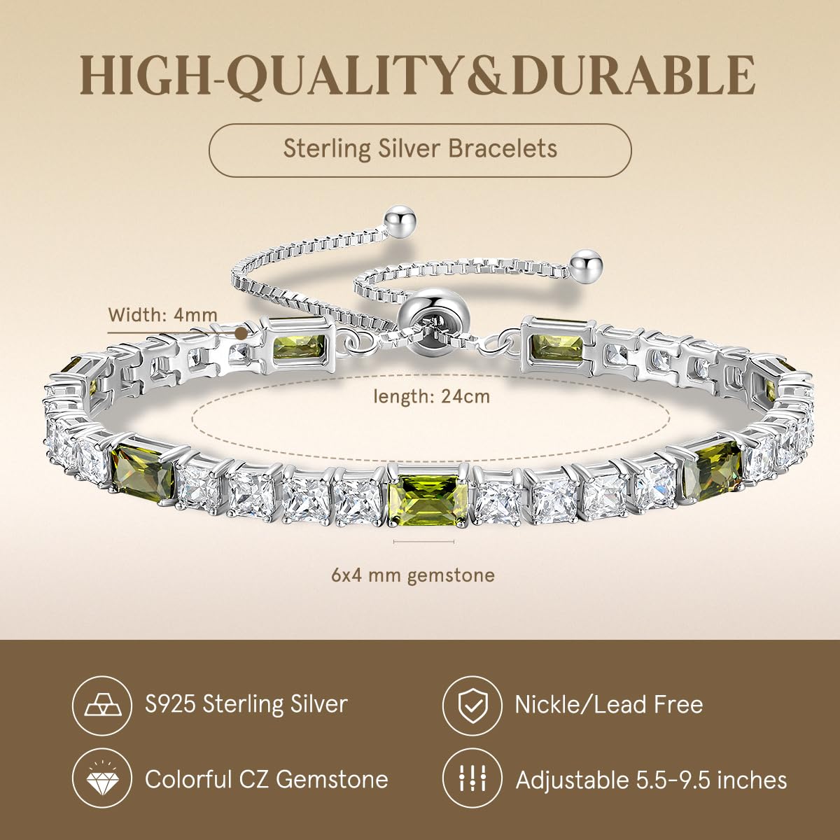 FANCIME Birthstone Bracelet for Women, Sterling Silver 4x6mm Gemstone Tennis Bracelet Bolo Adjustable Chain Fine Jewelry Birthday Gifts for Women Mom Wife Her