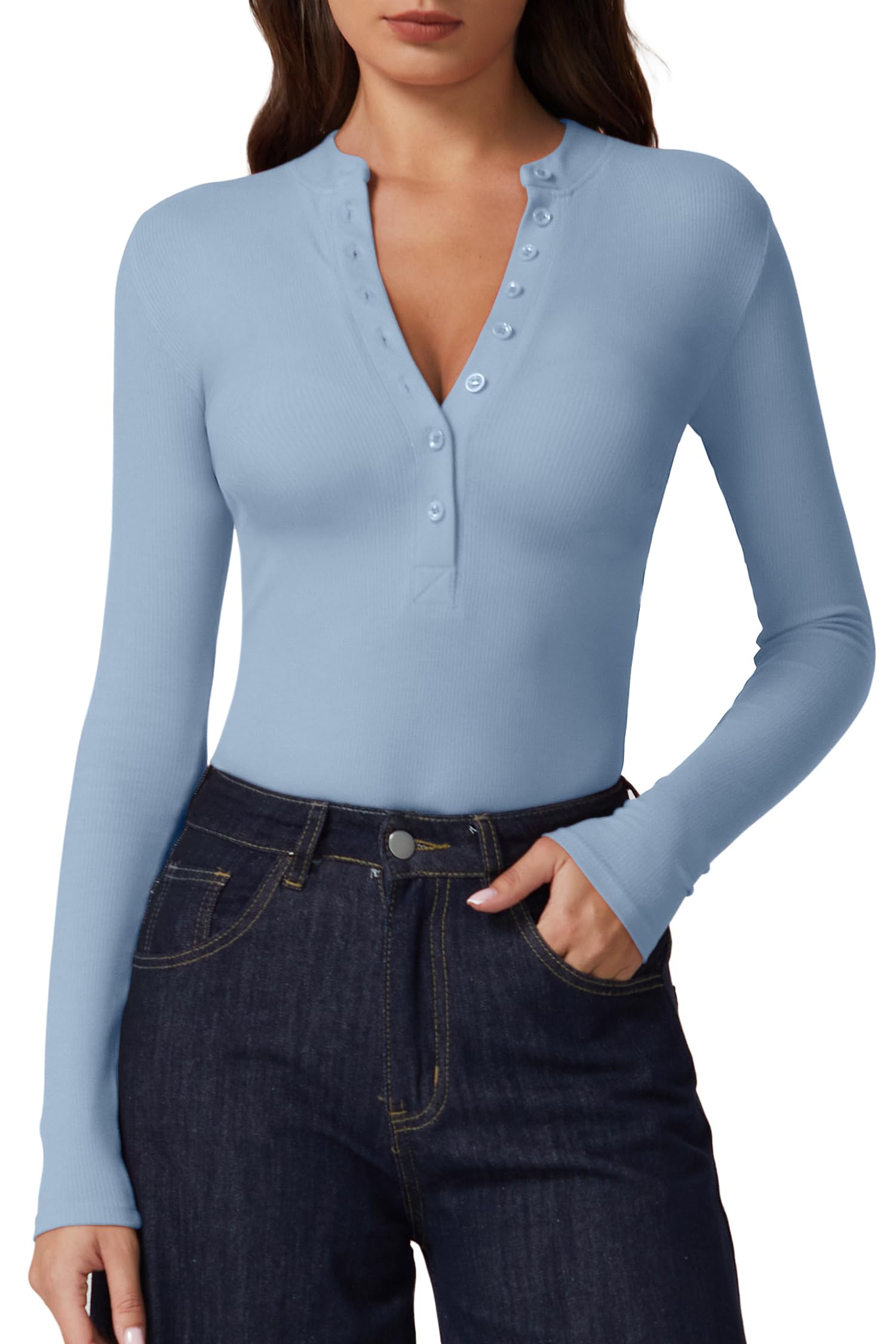 QINSEN Button Down Shirts for Women V Neck Long Sleeve Ribbed Knit Slim Fit Basic Tee Tops