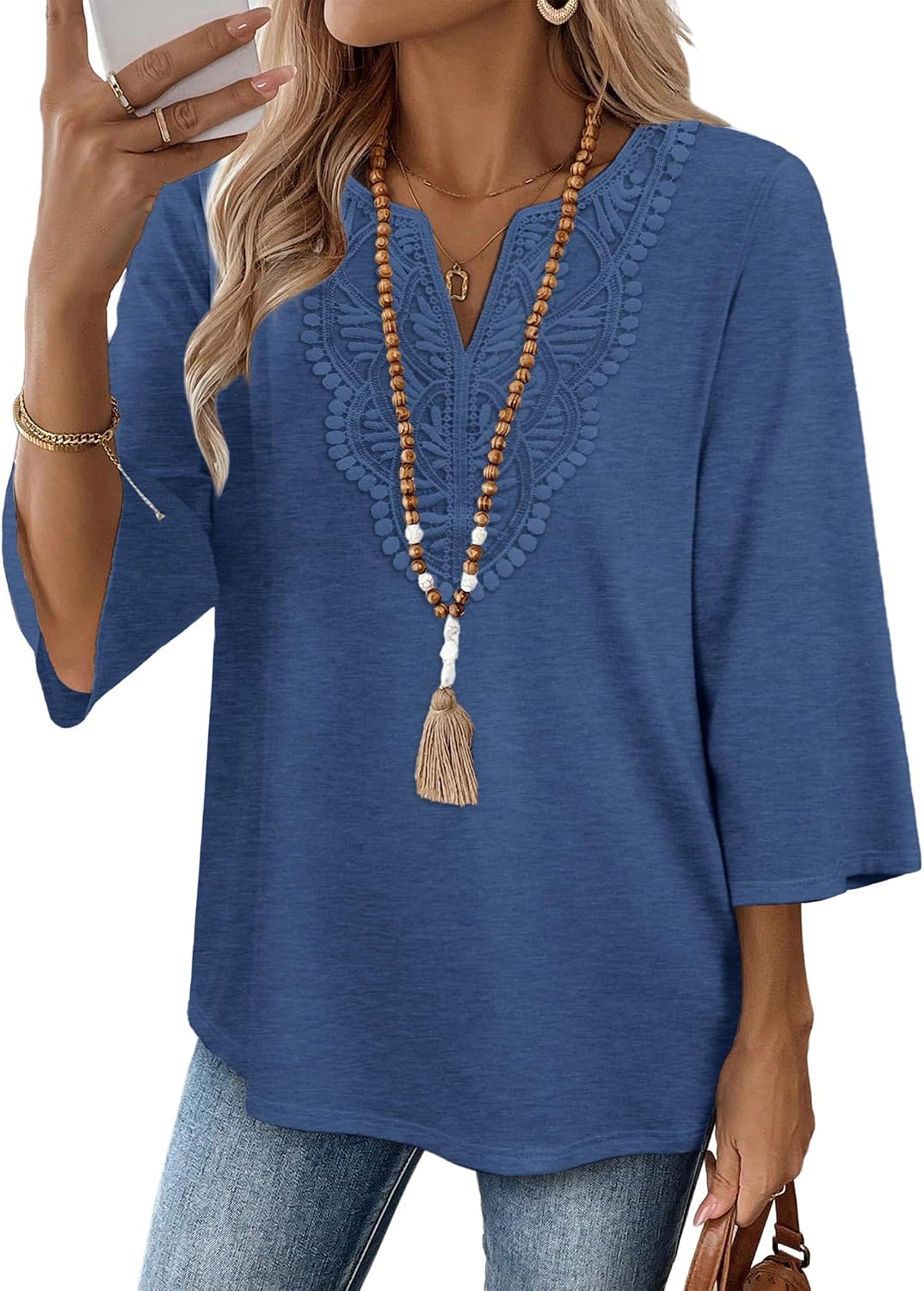 WIHOLL 3/4 Length Sleeve Womens Tops Boho V Neck Lace Shirt Trendy Blouses Dressy Casual Vacation Clothes S-3XL